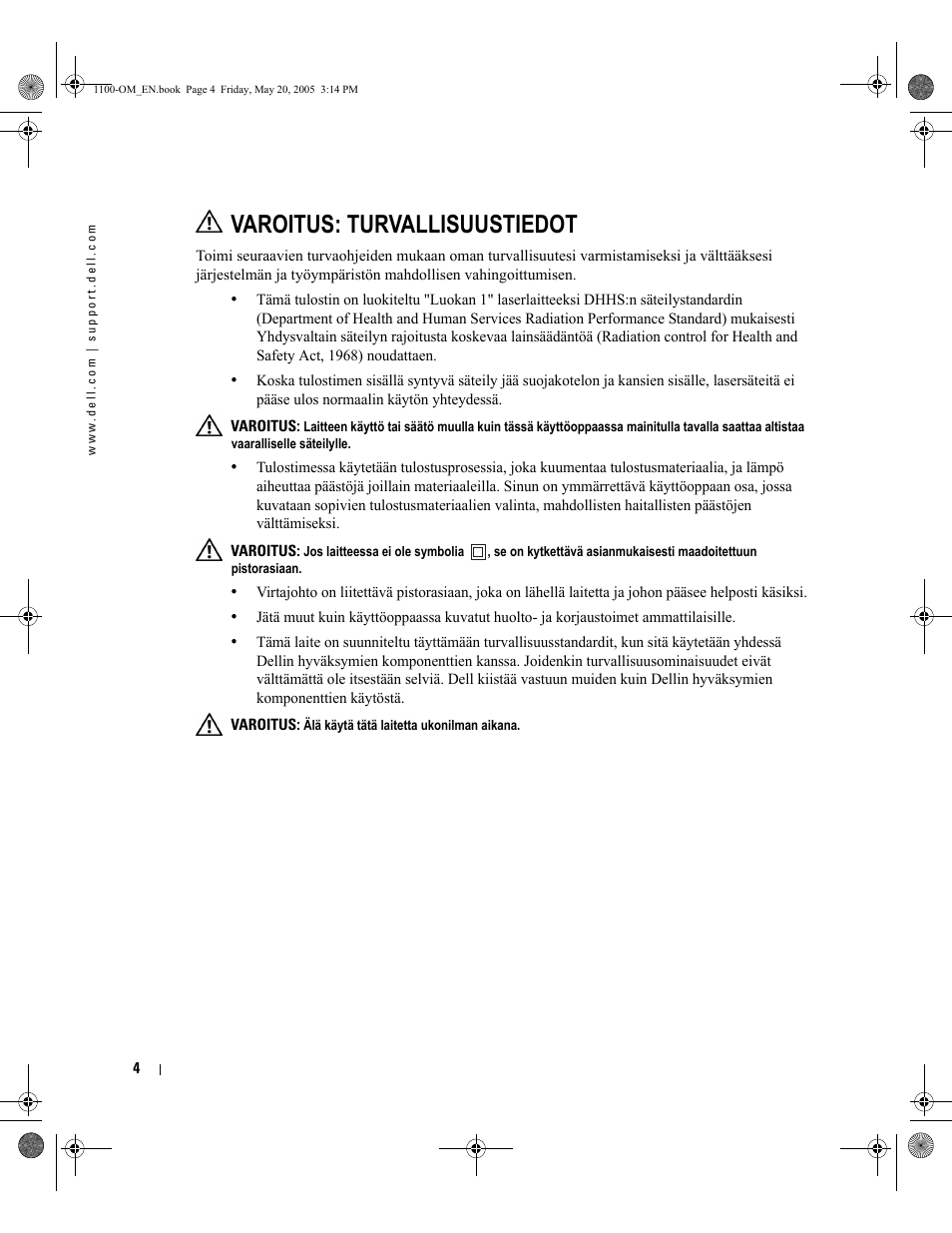 Varoitus: turvallisuustiedot | Dell 1100 Laser Mono Printer User Manual | Page 12 / 95