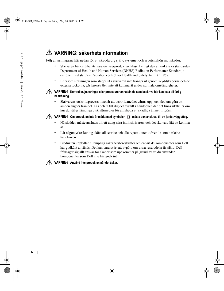 Varning: säkerhetsinformation | Dell 1100 Laser Mono Printer User Manual | Page 14 / 95