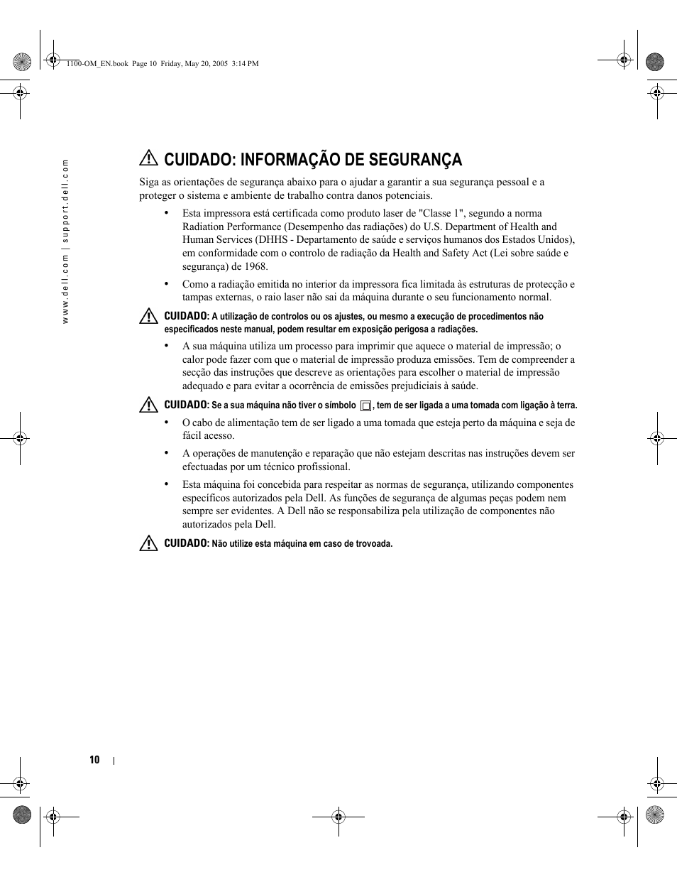 Cuidado: informação de segurança | Dell 1100 Laser Mono Printer User Manual | Page 18 / 95