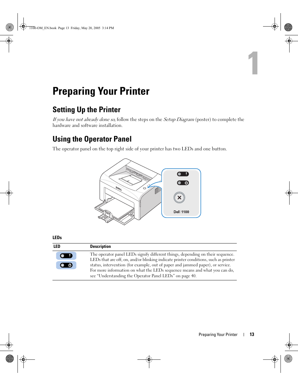 Preparing your printer, Setting up the printer, Using the operator panel | Dell 1100 Laser Mono Printer User Manual | Page 21 / 95