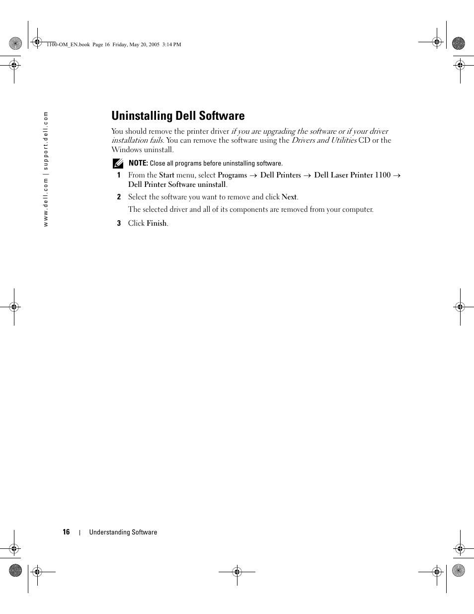 Uninstalling dell software | Dell 1100 Laser Mono Printer User Manual | Page 24 / 95