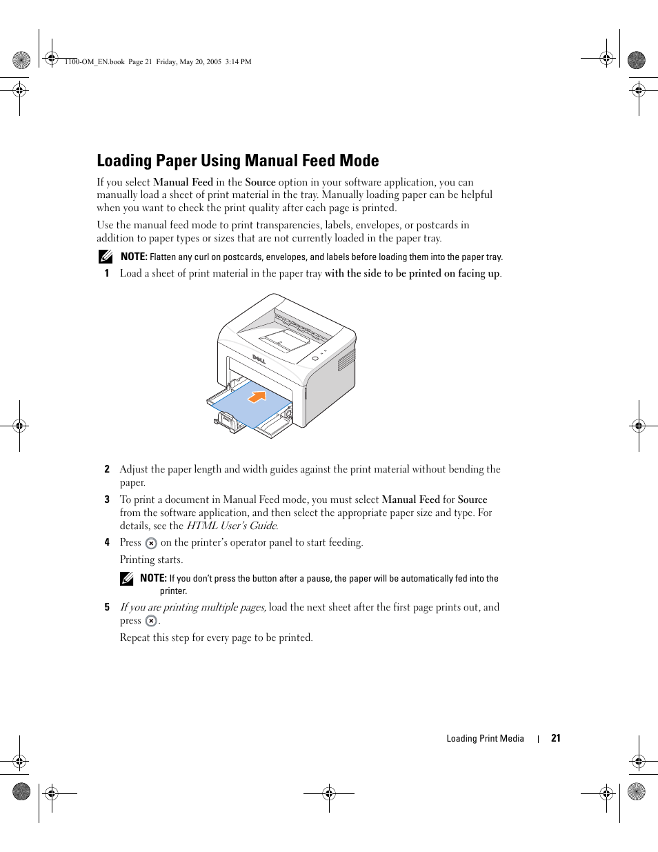 Loading paper using manual feed mode | Dell 1100 Laser Mono Printer User Manual | Page 29 / 95