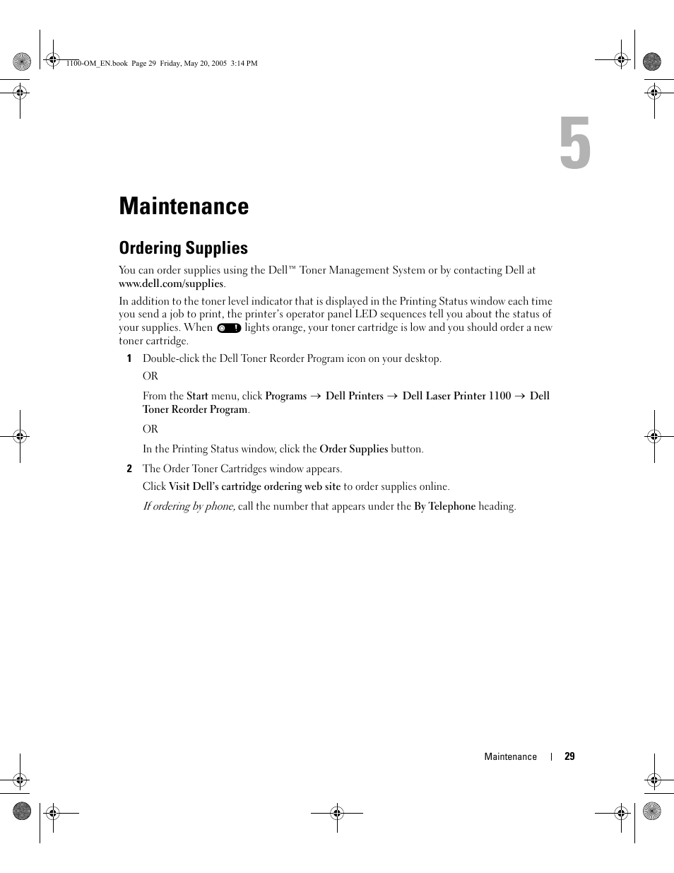 Maintenance, Ordering supplies | Dell 1100 Laser Mono Printer User Manual | Page 37 / 95