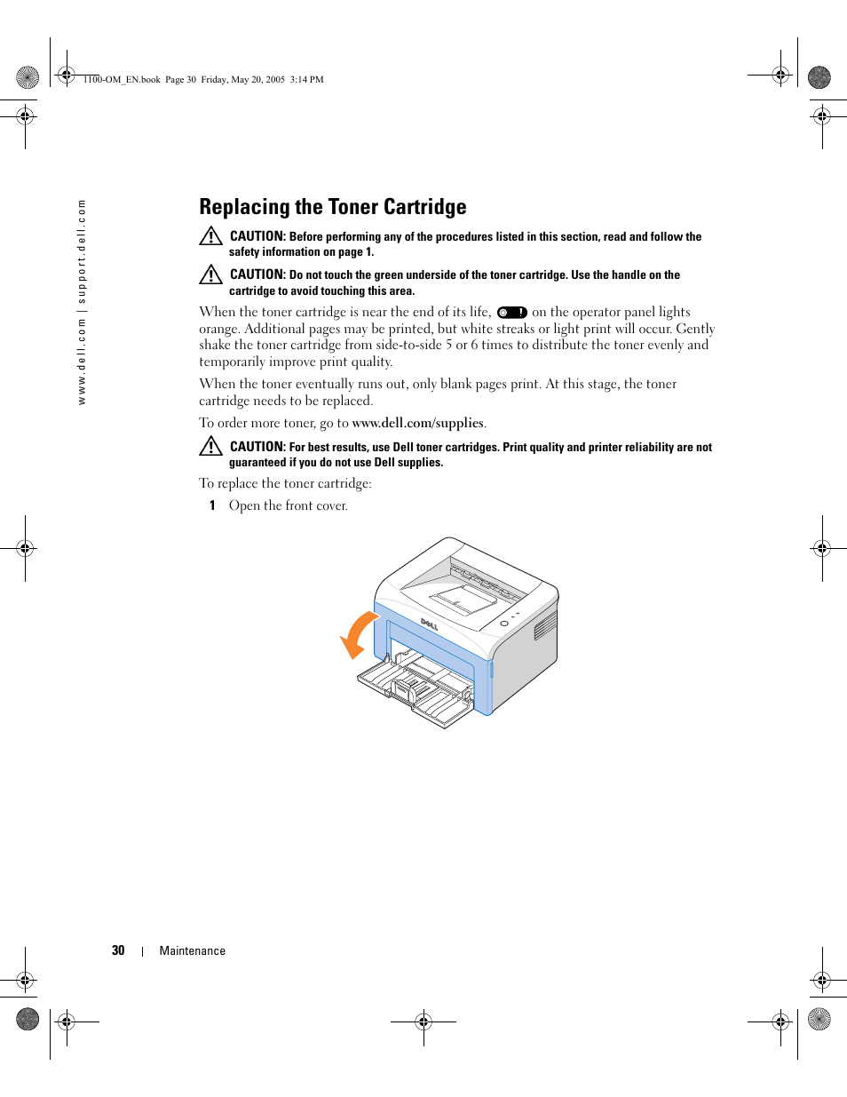 Replacing the toner cartridge | Dell 1100 Laser Mono Printer User Manual | Page 38 / 95