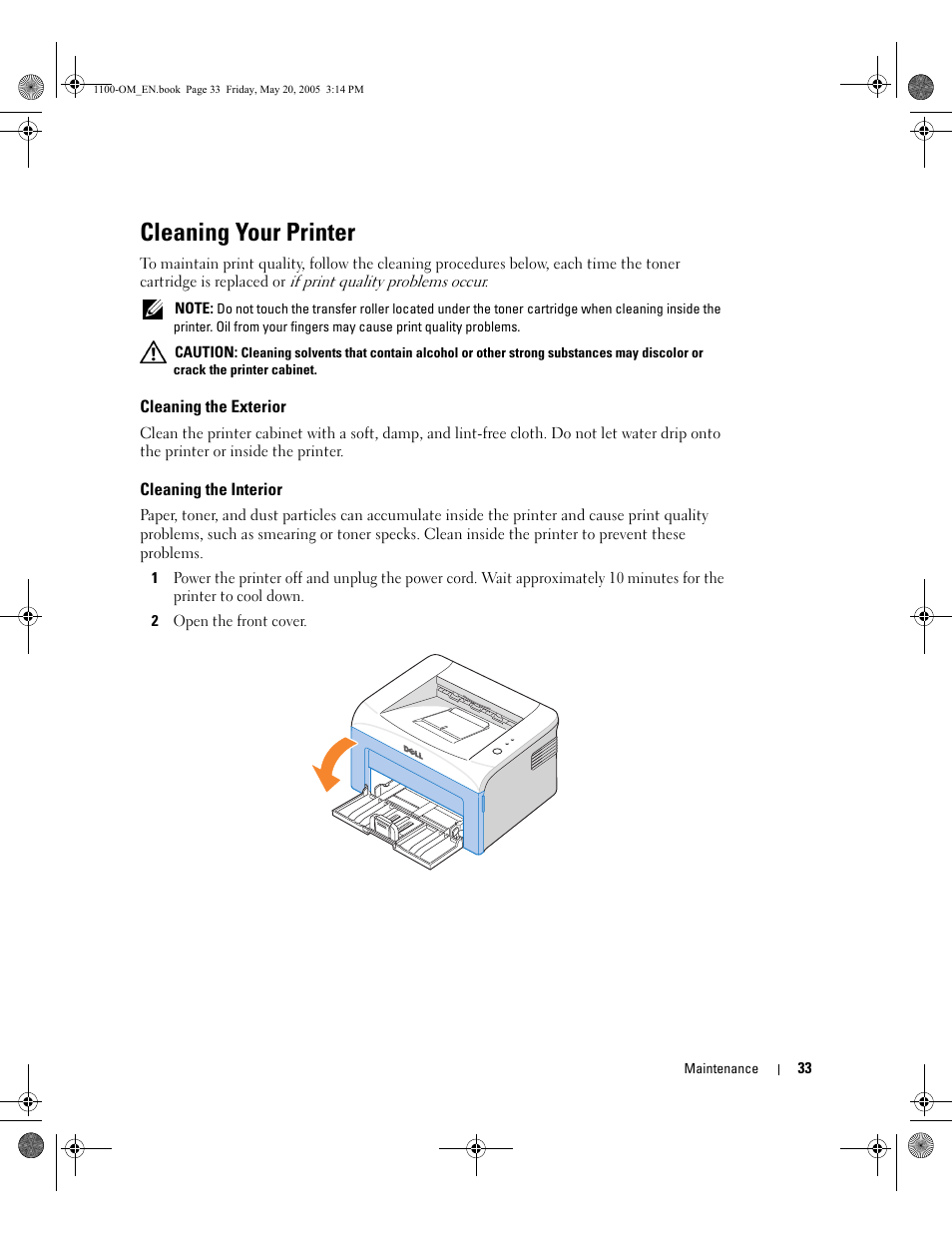 Cleaning your printer | Dell 1100 Laser Mono Printer User Manual | Page 41 / 95
