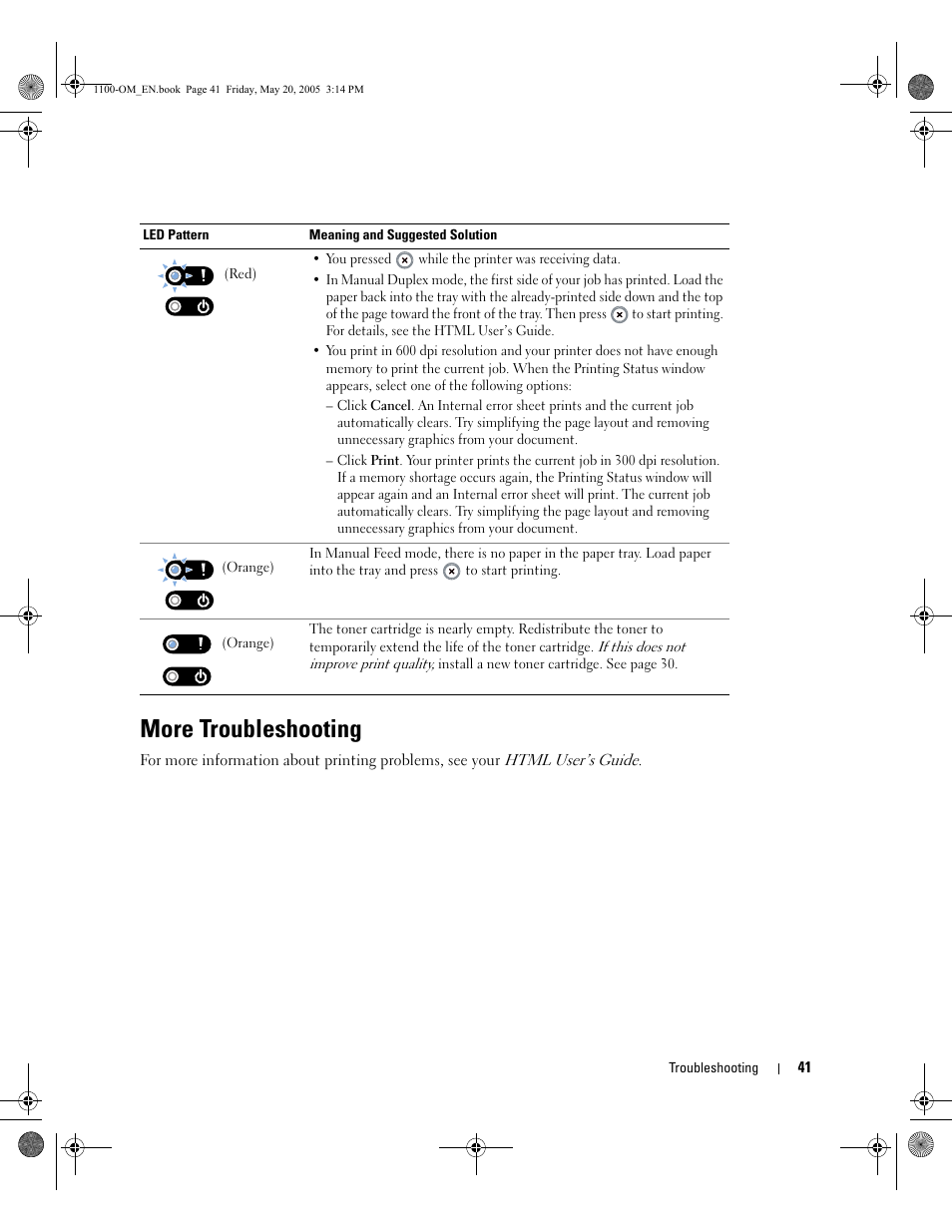 More troubleshooting | Dell 1100 Laser Mono Printer User Manual | Page 49 / 95