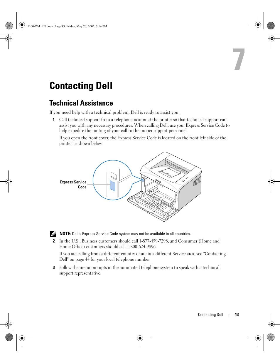 Contacting dell, Technical assistance | Dell 1100 Laser Mono Printer User Manual | Page 51 / 95