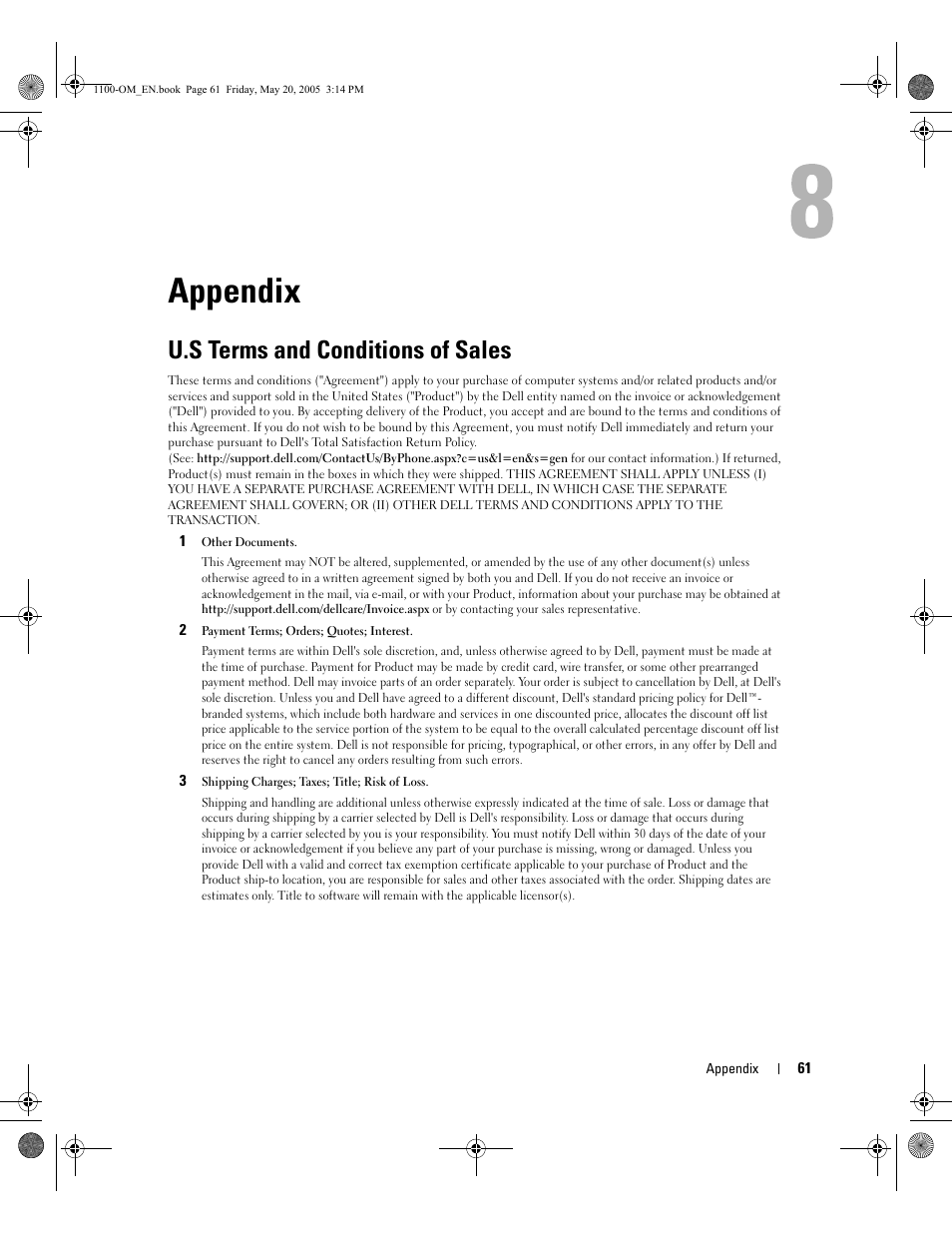 Appendix, U.s terms and conditions of sales | Dell 1100 Laser Mono Printer User Manual | Page 69 / 95