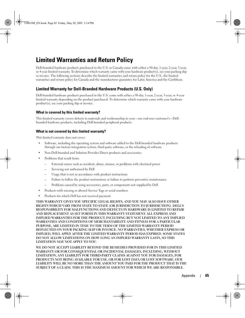 Limited warranties and return policy | Dell 1100 Laser Mono Printer User Manual | Page 73 / 95