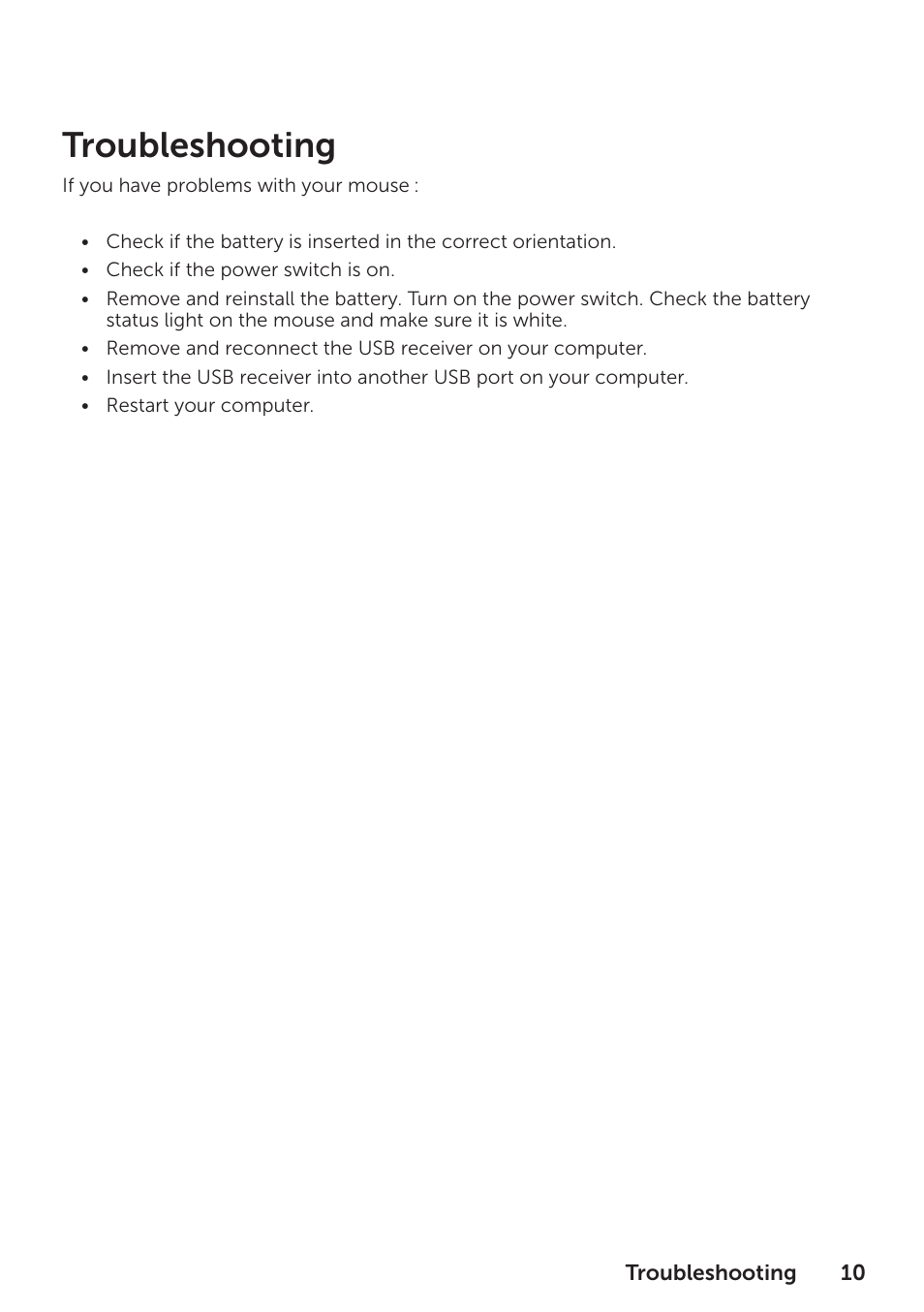 Troubleshooting: mouse, Troubleshooting | Dell Wireless Mouse WM324 User Manual | Page 11 / 15