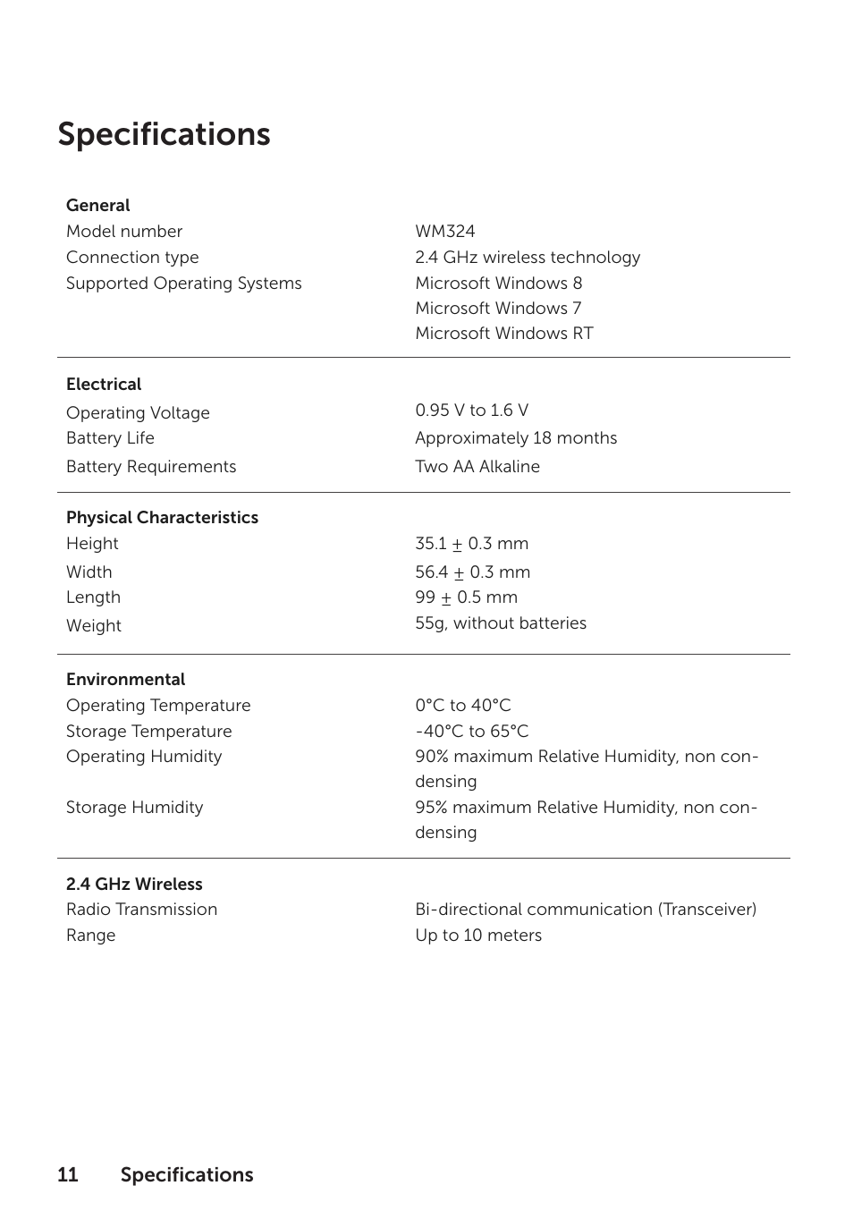 Specifications: mouse, Specifications | Dell Wireless Mouse WM324 User Manual | Page 12 / 15