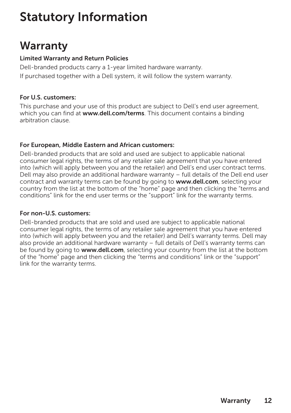 Warranty, Statutory information | Dell Wireless Mouse WM324 User Manual | Page 13 / 15