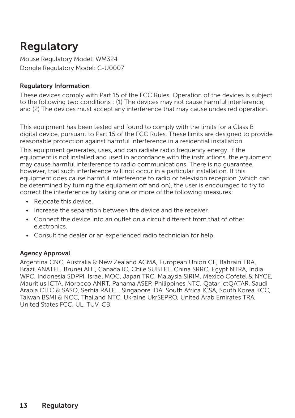 Regulatory | Dell Wireless Mouse WM324 User Manual | Page 14 / 15