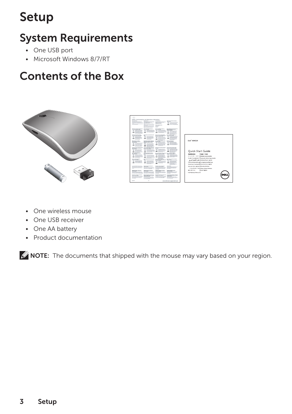 Setup: system requirements, Setup, System requirements | Contents of the box | Dell Wireless Mouse WM324 User Manual | Page 4 / 15