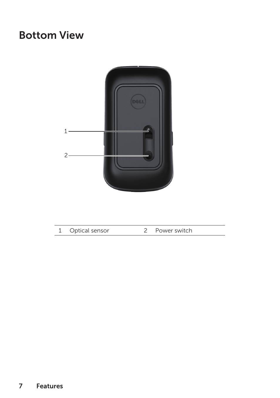 Features: mouse bottom view, Bottom view | Dell Wireless Mouse WM324 User Manual | Page 8 / 15