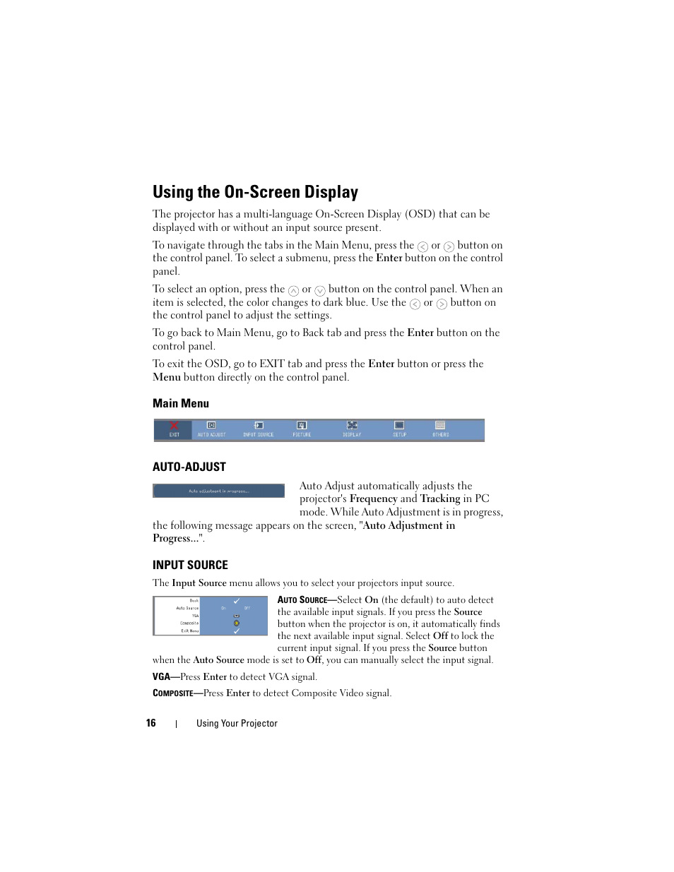 Using the on-screen display, Main menu, Auto-adjust | Input source | Dell M109S Projector User Manual | Page 16 / 34