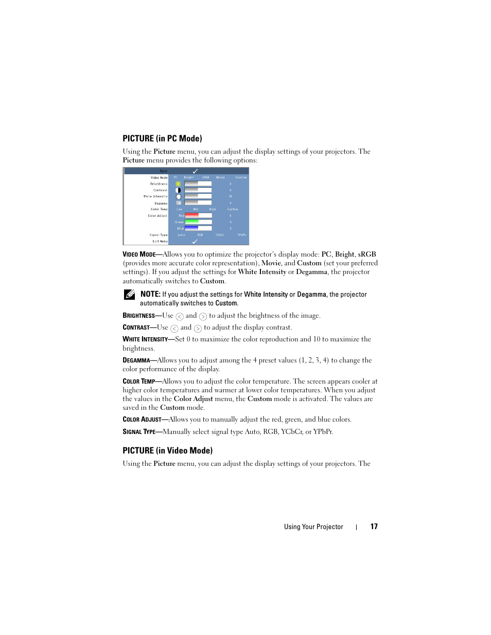 Picture (in pc mode), Picture (in video mode) | Dell M109S Projector User Manual | Page 17 / 34