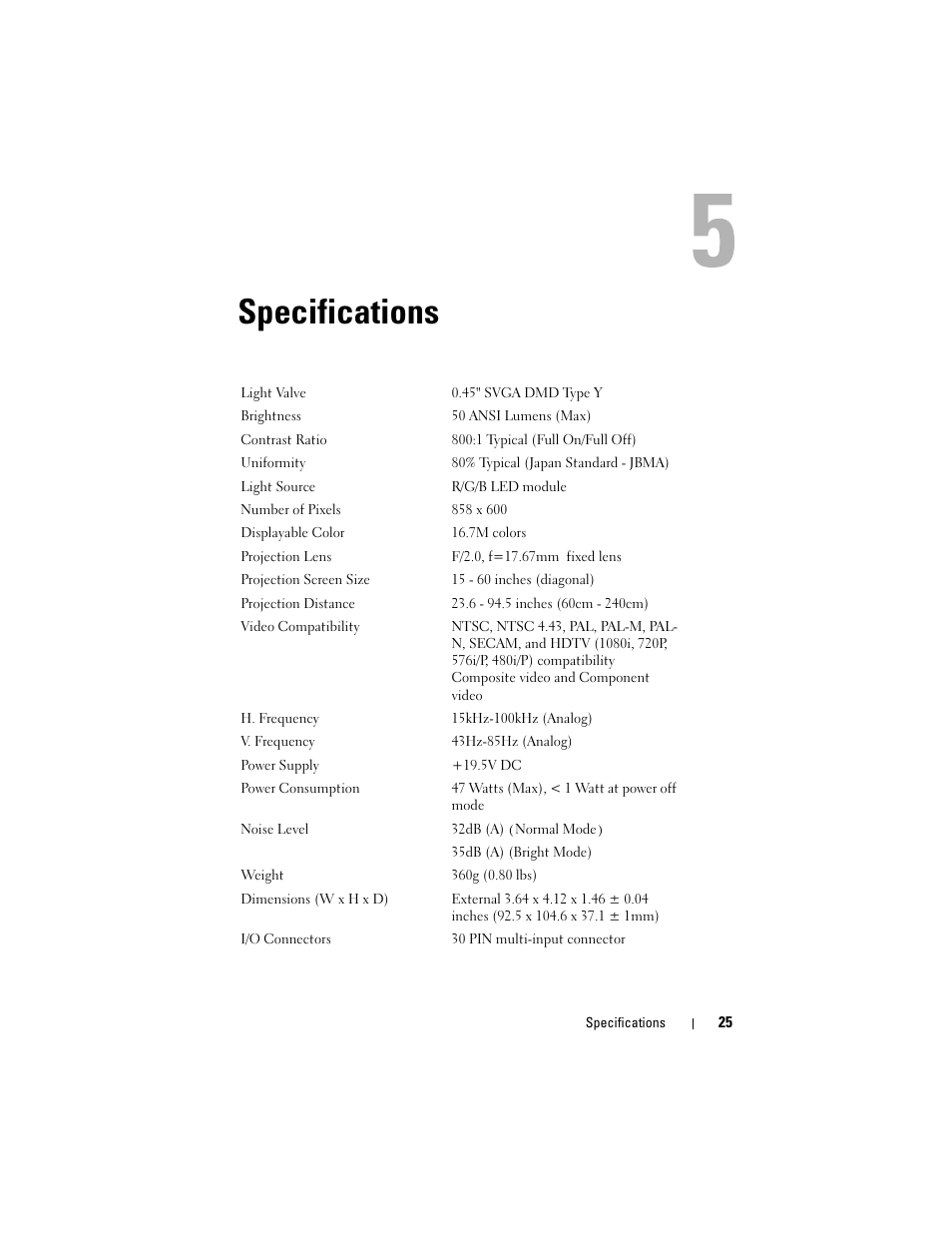 Specifications | Dell M109S Projector User Manual | Page 25 / 34