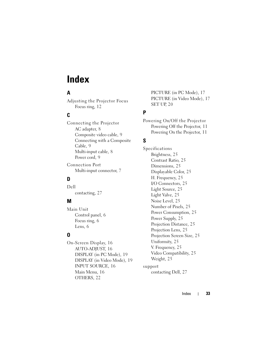 Index | Dell M109S Projector User Manual | Page 33 / 34