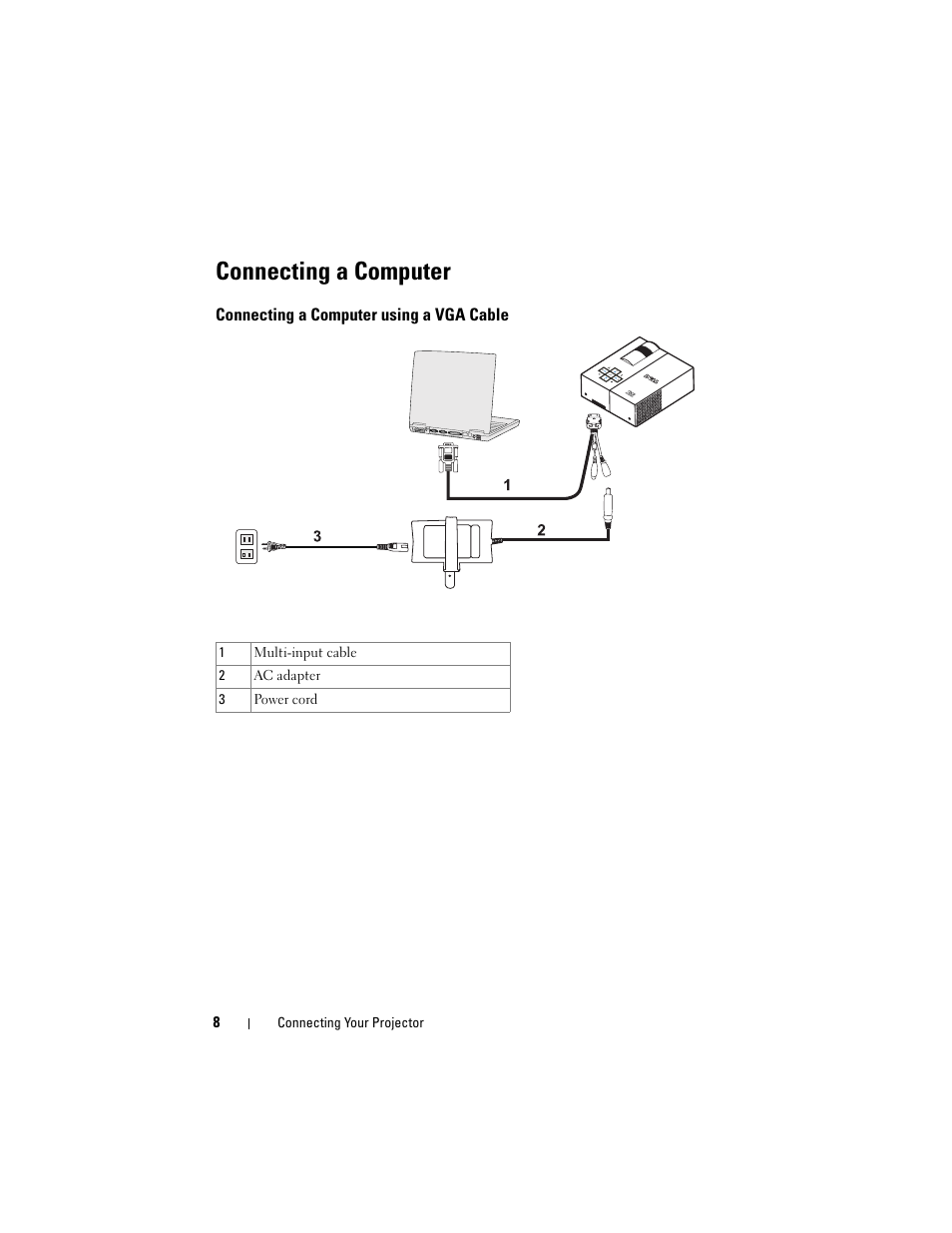 Connecting a computer, Connecting a computer using a vga cable | Dell M109S Projector User Manual | Page 8 / 34