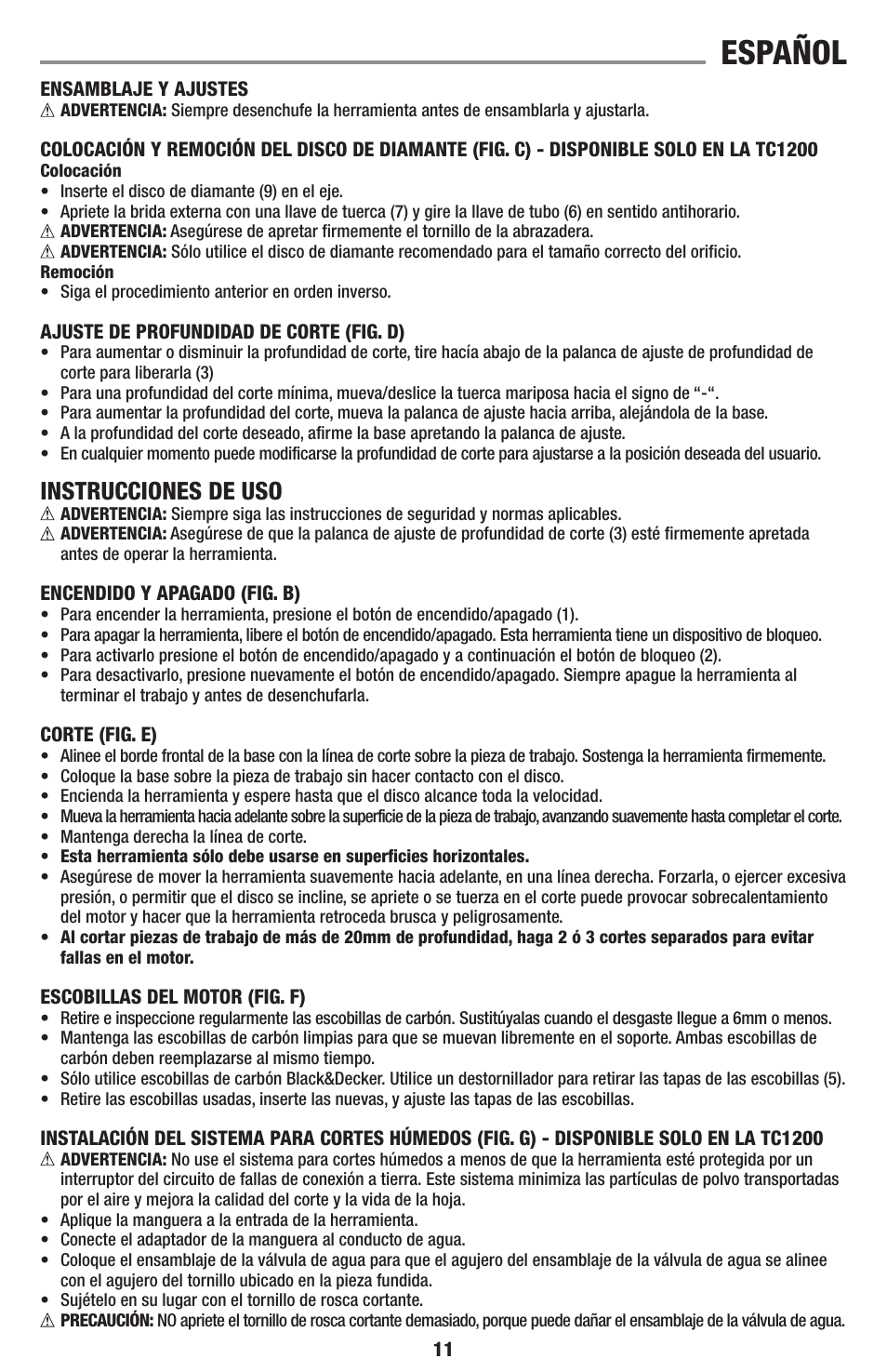 Español, Instrucciones de uso | Black & Decker TC1200 User Manual | Page 11 / 18