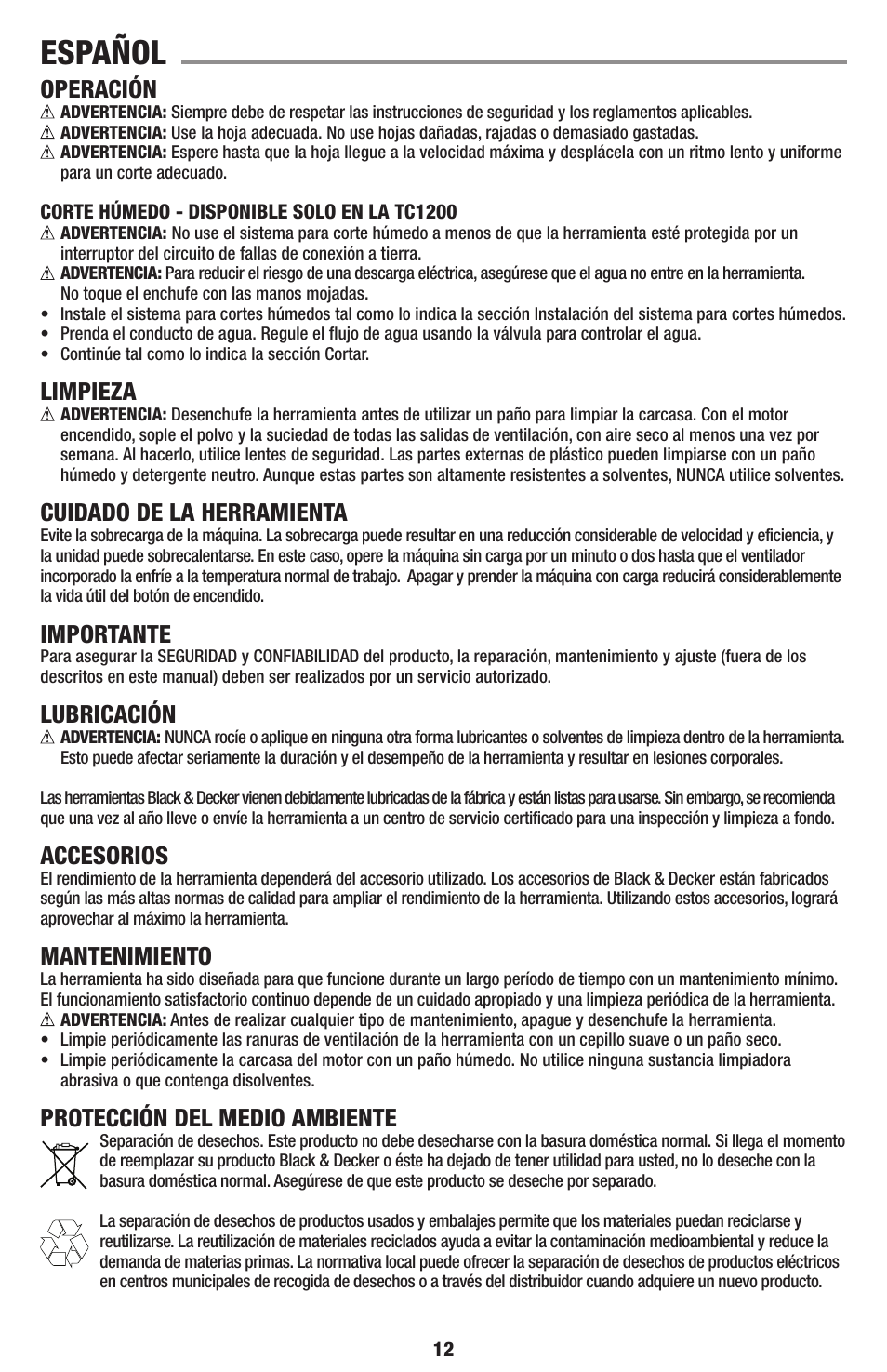 Español, Operación, Limpieza | Cuidado de la herramienta, Importante, Lubricación, Accesorios, Mantenimiento, Protección del medio ambiente | Black & Decker TC1200 User Manual | Page 12 / 18