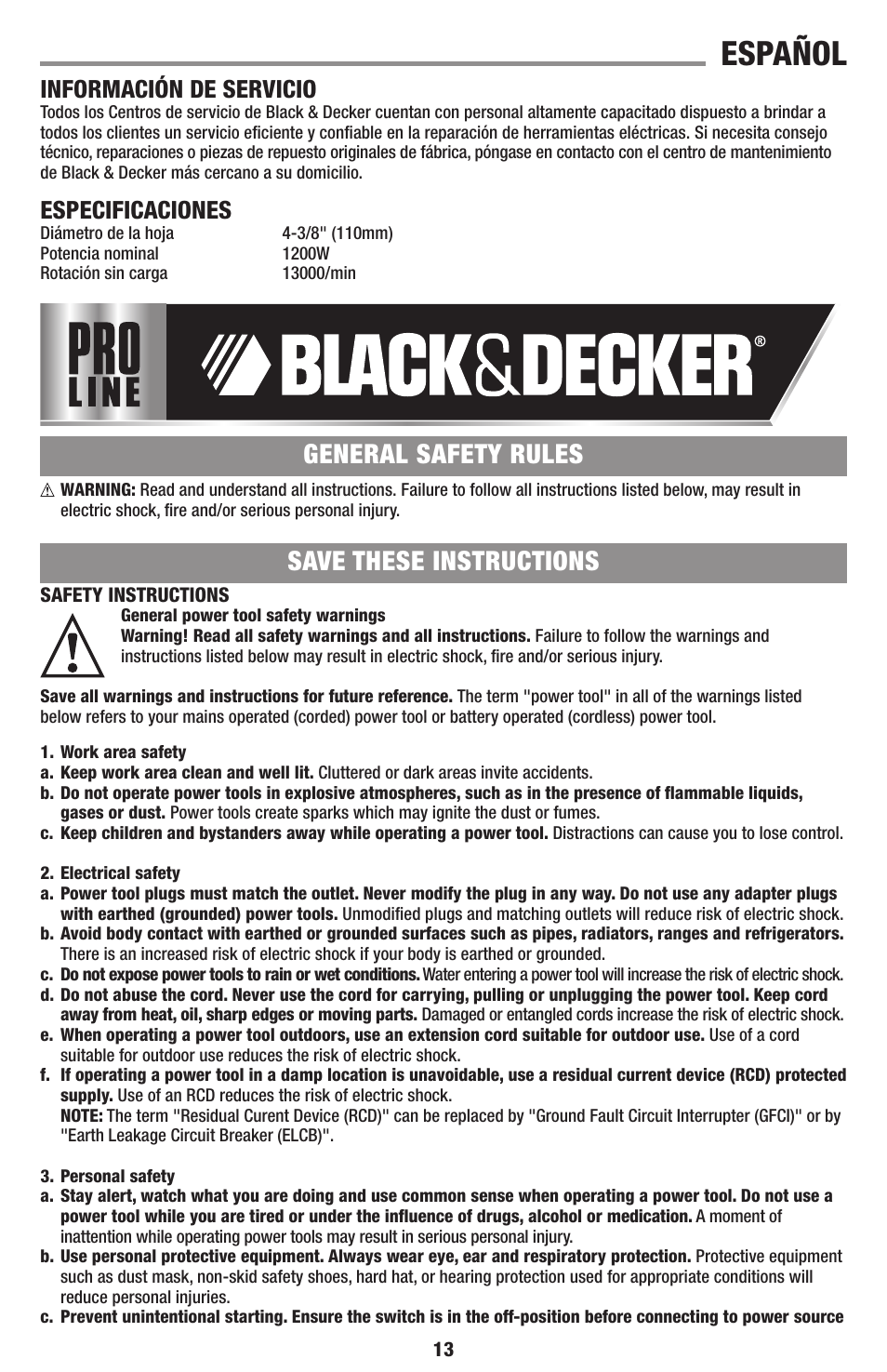 Español, Save these instructions general safety rules, Información de servicio | Especificaciones | Black & Decker TC1200 User Manual | Page 13 / 18