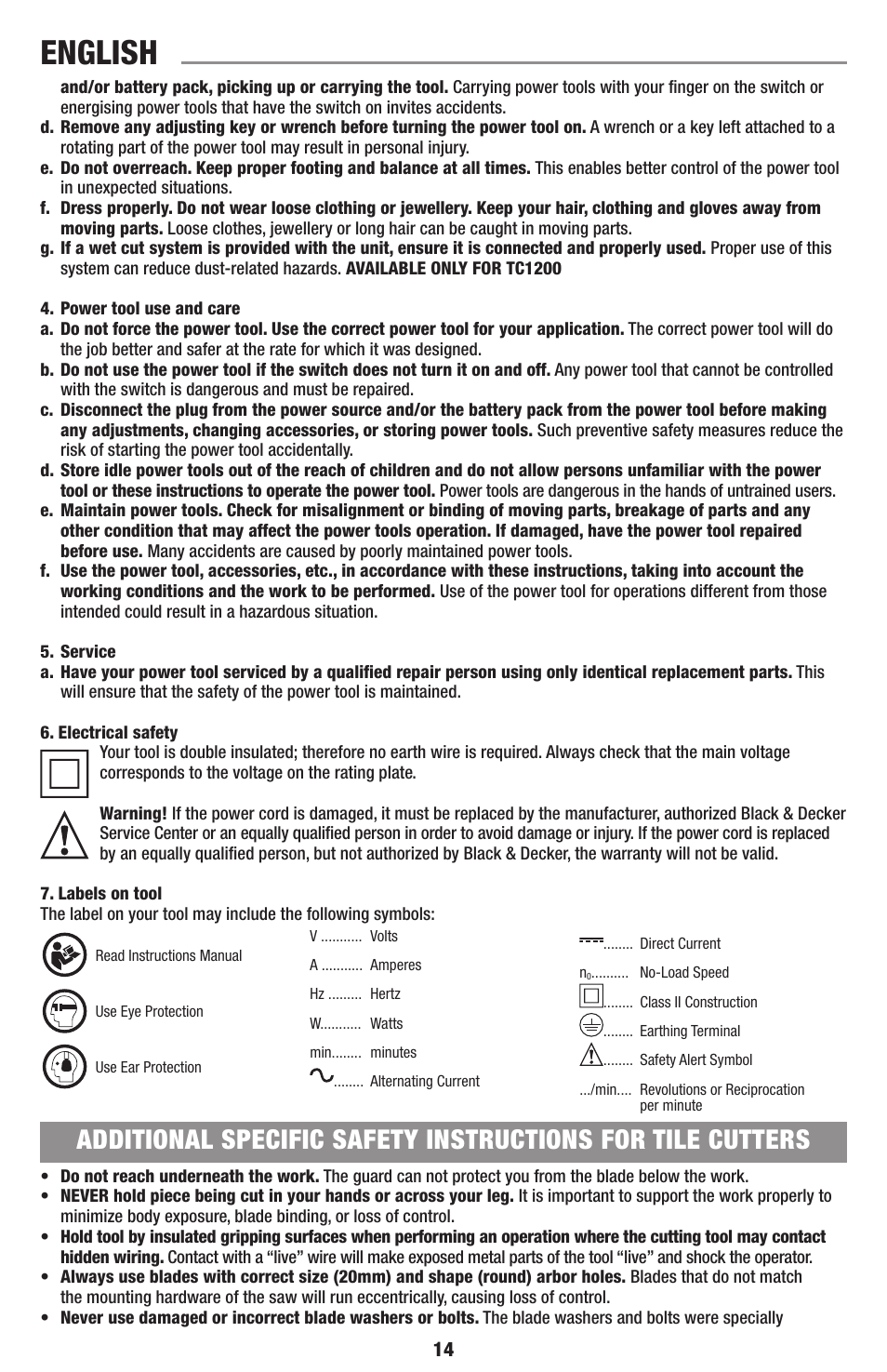 English | Black & Decker TC1200 User Manual | Page 14 / 18