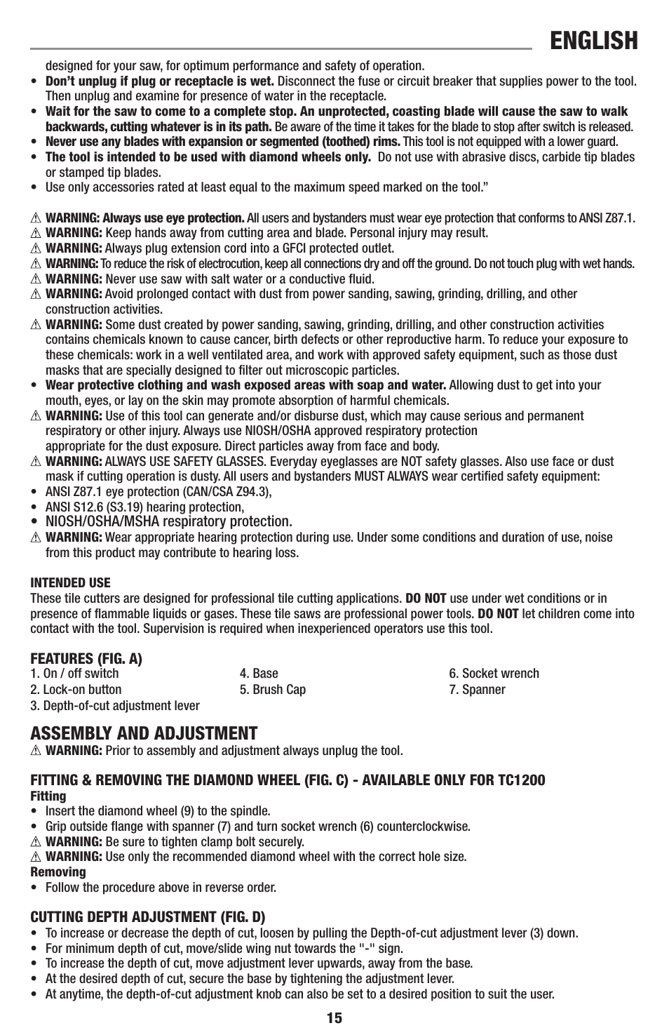 English, Assembly and adjustment | Black & Decker TC1200 User Manual | Page 15 / 18