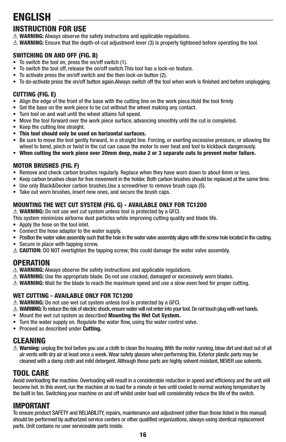 English, Instruction for use, Operation | Cleaning, Tool care, Important | Black & Decker TC1200 User Manual | Page 16 / 18