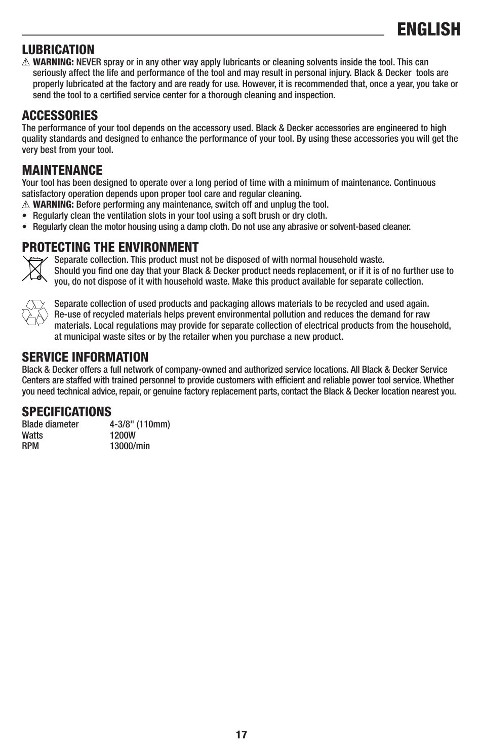 English, Lubrication, Accessories | Maintenance, Protecting the environment, Service information, Specifications | Black & Decker TC1200 User Manual | Page 17 / 18