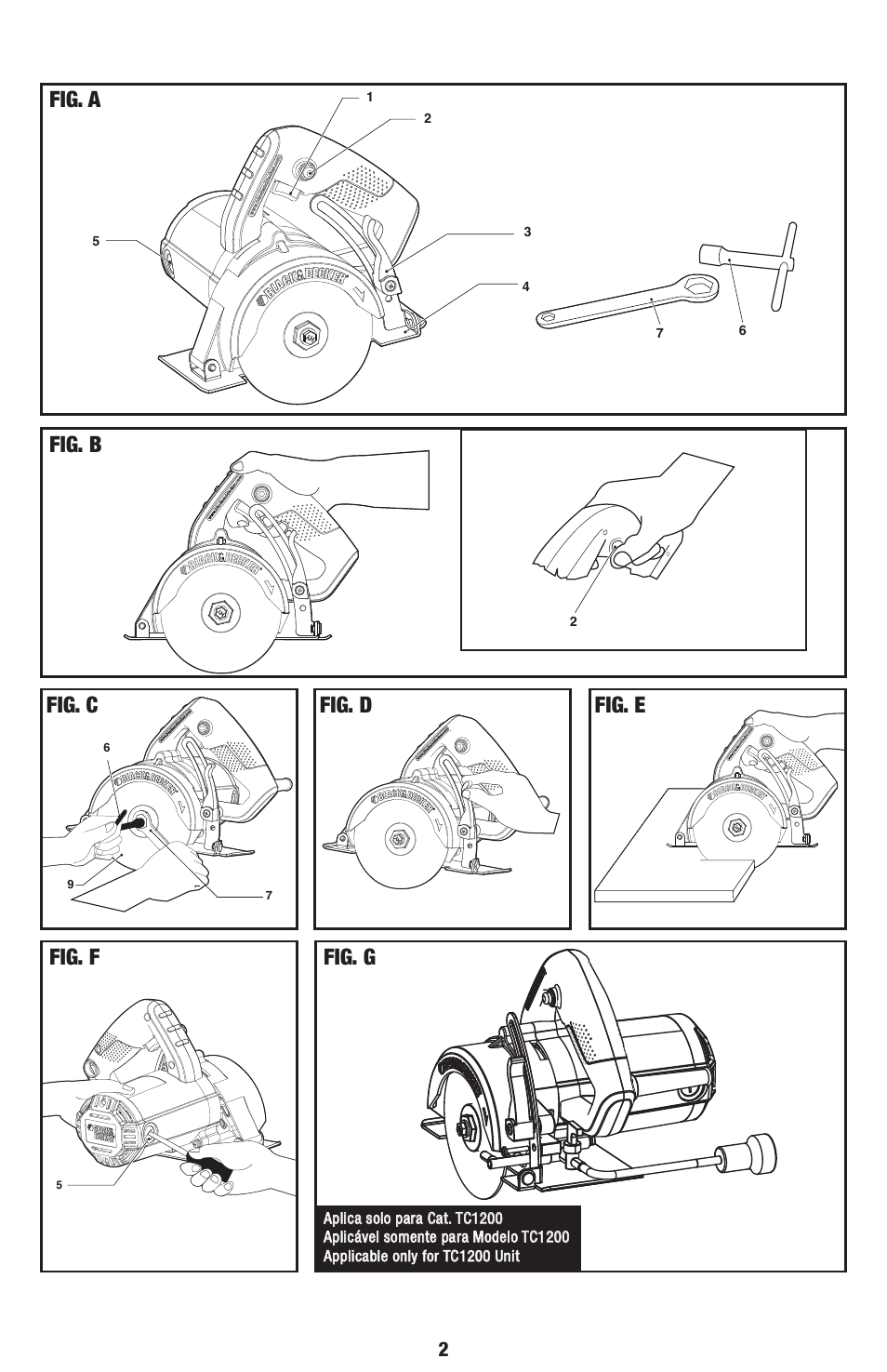 Fig. a, Fig. b, Fig. c fig. d fig. e | Fig. f fig. g | Black & Decker TC1200 User Manual | Page 2 / 18