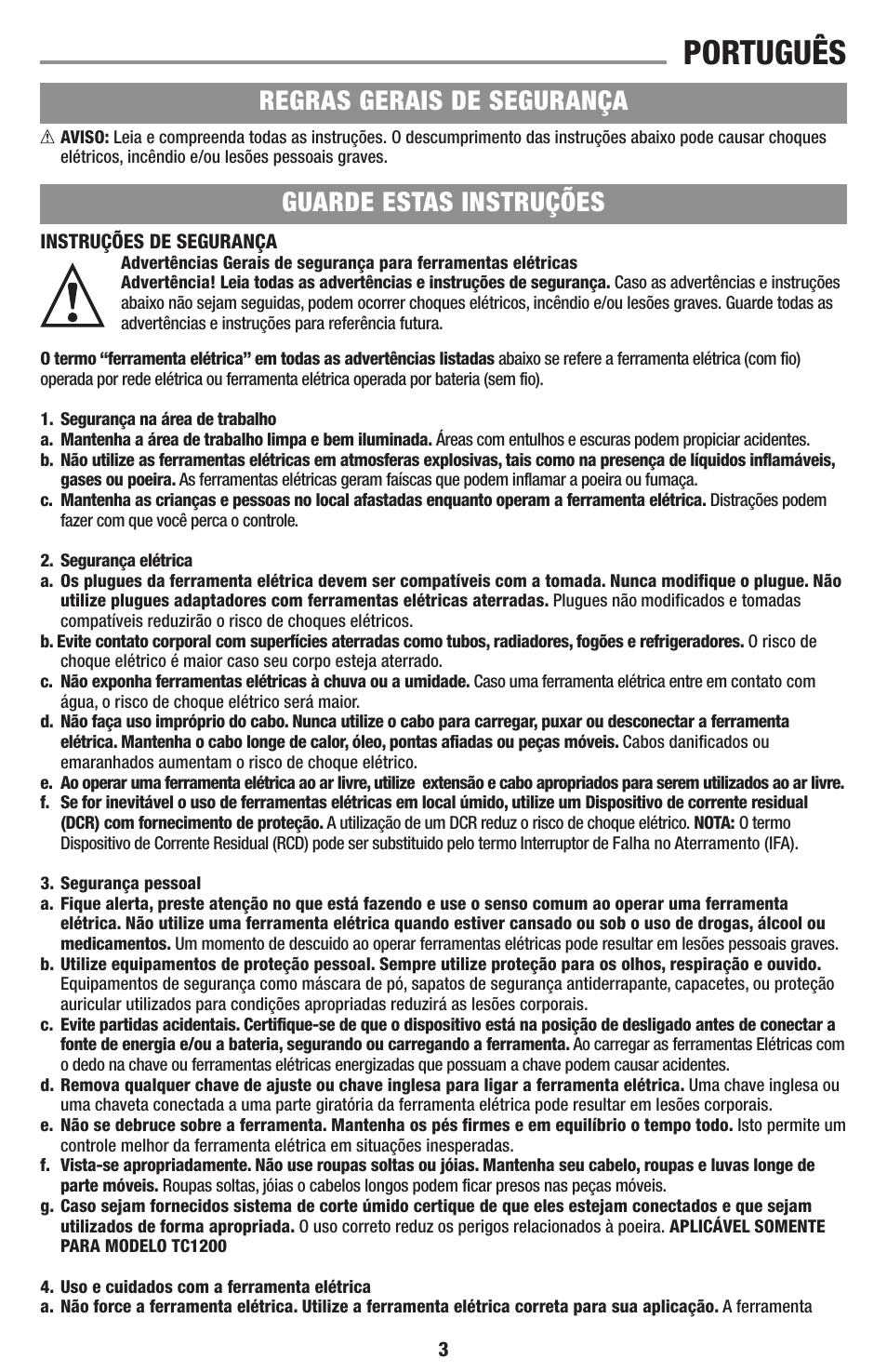 Português, Guarde estas instruções regras gerais de segurança | Black & Decker TC1200 User Manual | Page 3 / 18