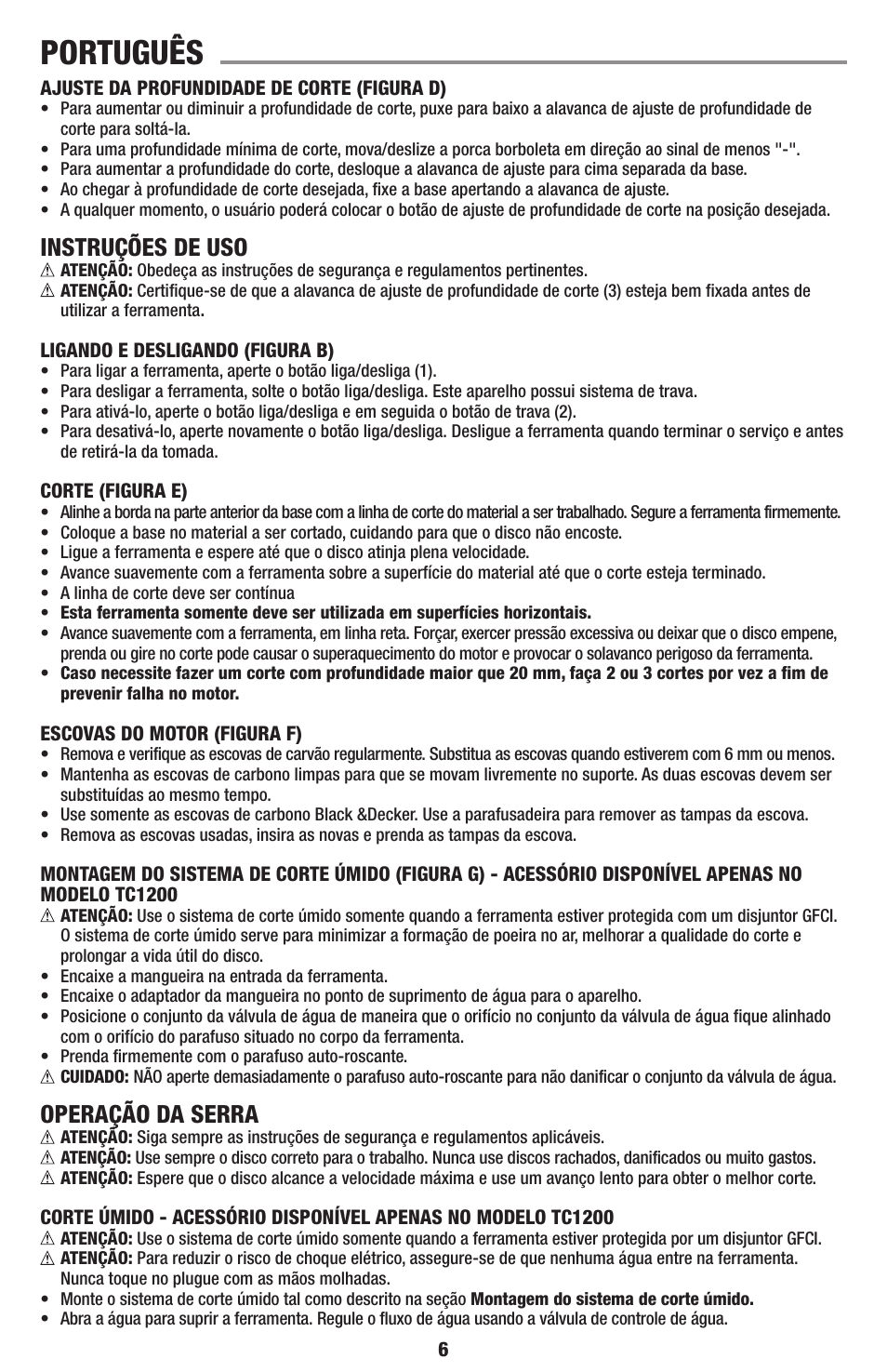 Português, Instruções de uso, Operação da serra | Black & Decker TC1200 User Manual | Page 6 / 18