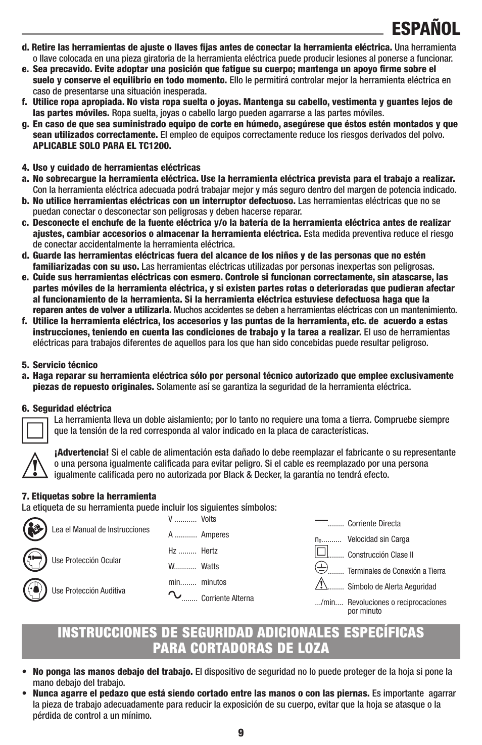 Español | Black & Decker TC1200 User Manual | Page 9 / 18