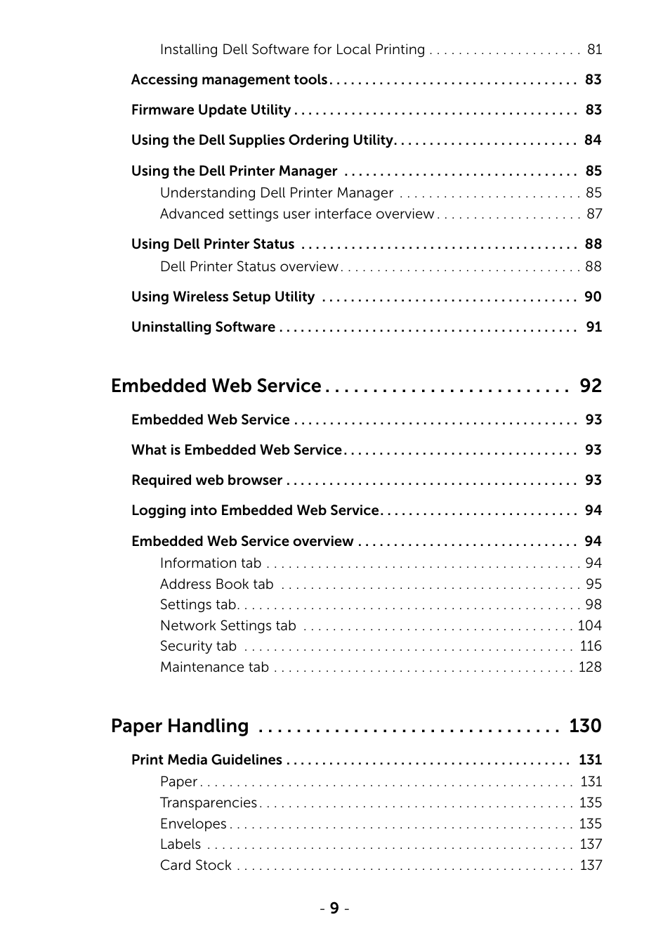 Embedded web service, Paper handling | Dell B2375dfw Mono Multifunction Printer User Manual | Page 10 / 359