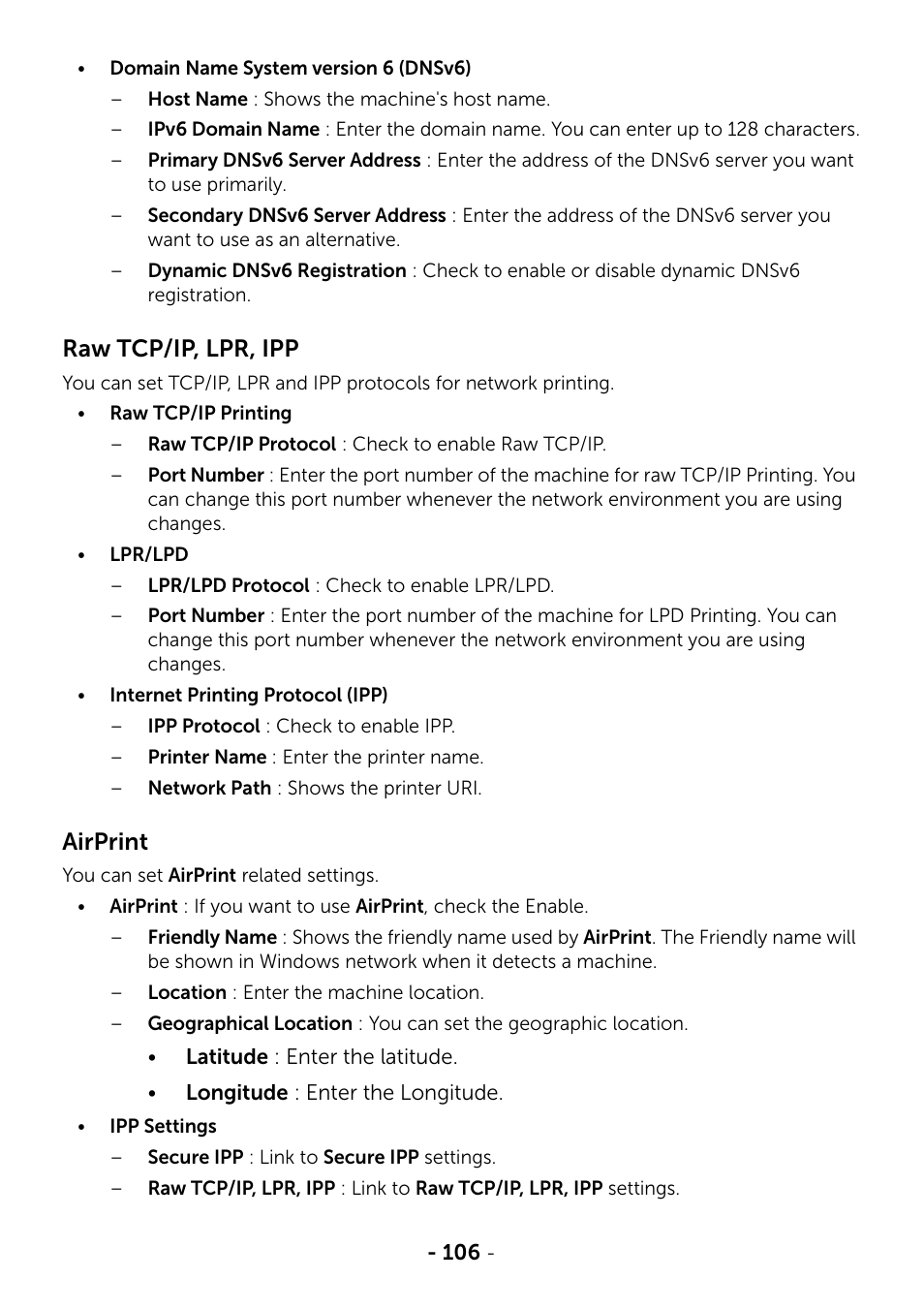 Raw tcp/ip, lpr, ipp, Airprint | Dell B2375dfw Mono Multifunction Printer User Manual | Page 107 / 359