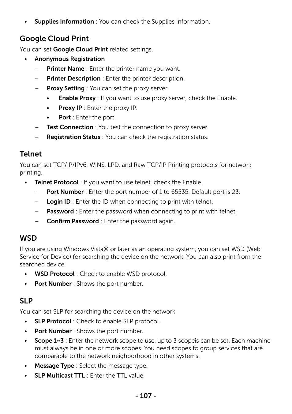 Google cloud print, Telnet | Dell B2375dfw Mono Multifunction Printer User Manual | Page 108 / 359