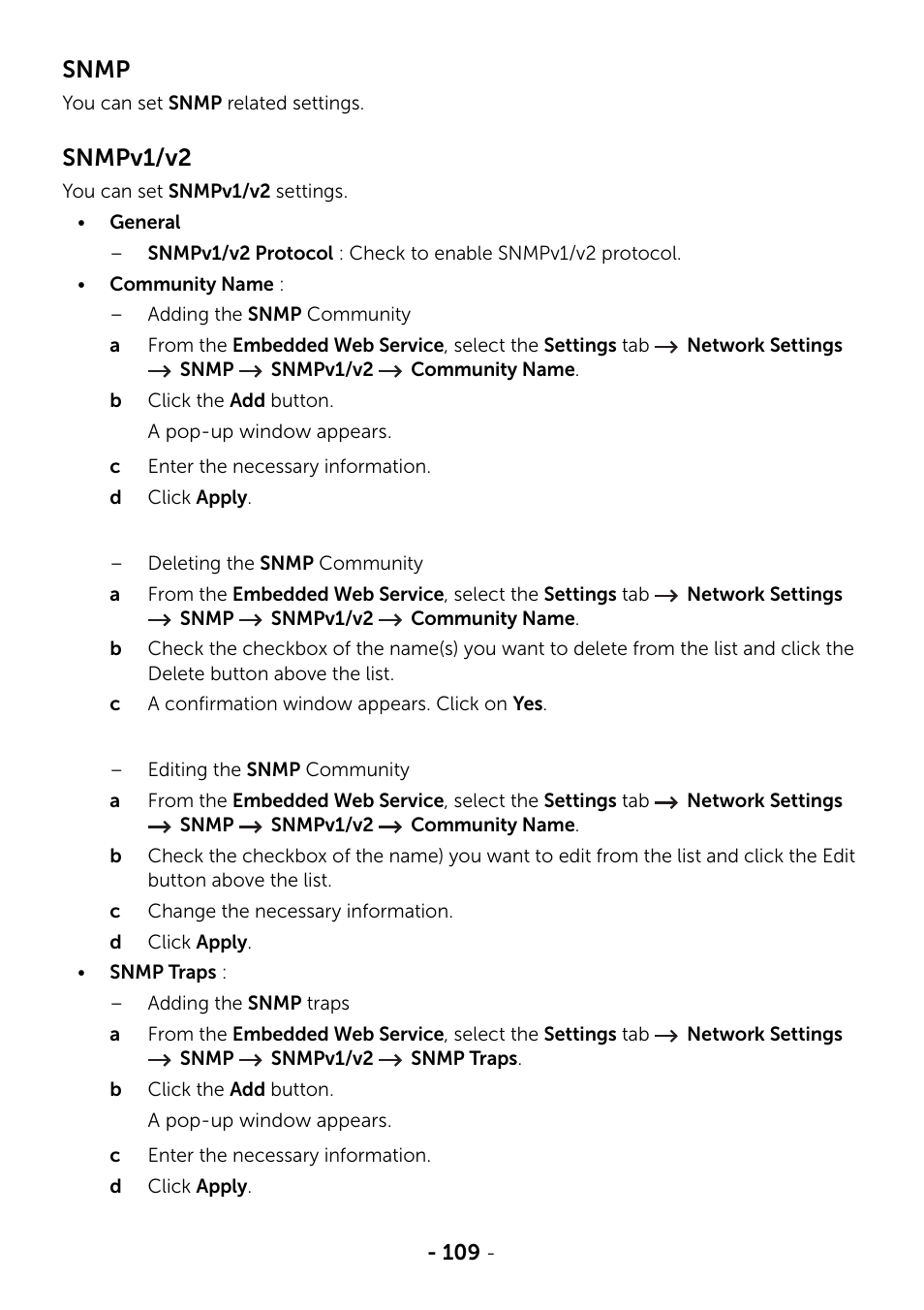 Snmp, Snmpv1/v2 | Dell B2375dfw Mono Multifunction Printer User Manual | Page 110 / 359