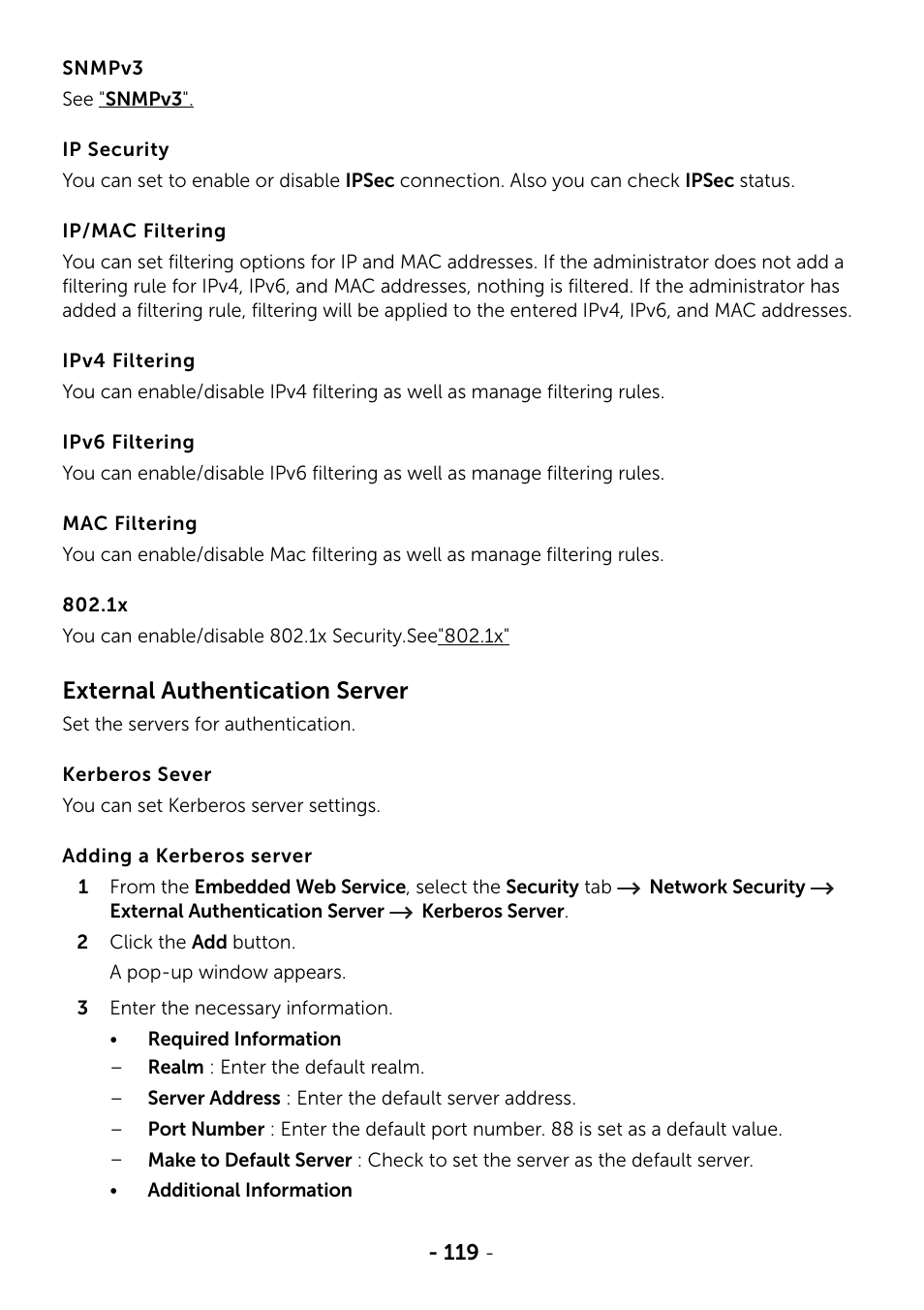 External authentication server | Dell B2375dfw Mono Multifunction Printer User Manual | Page 120 / 359