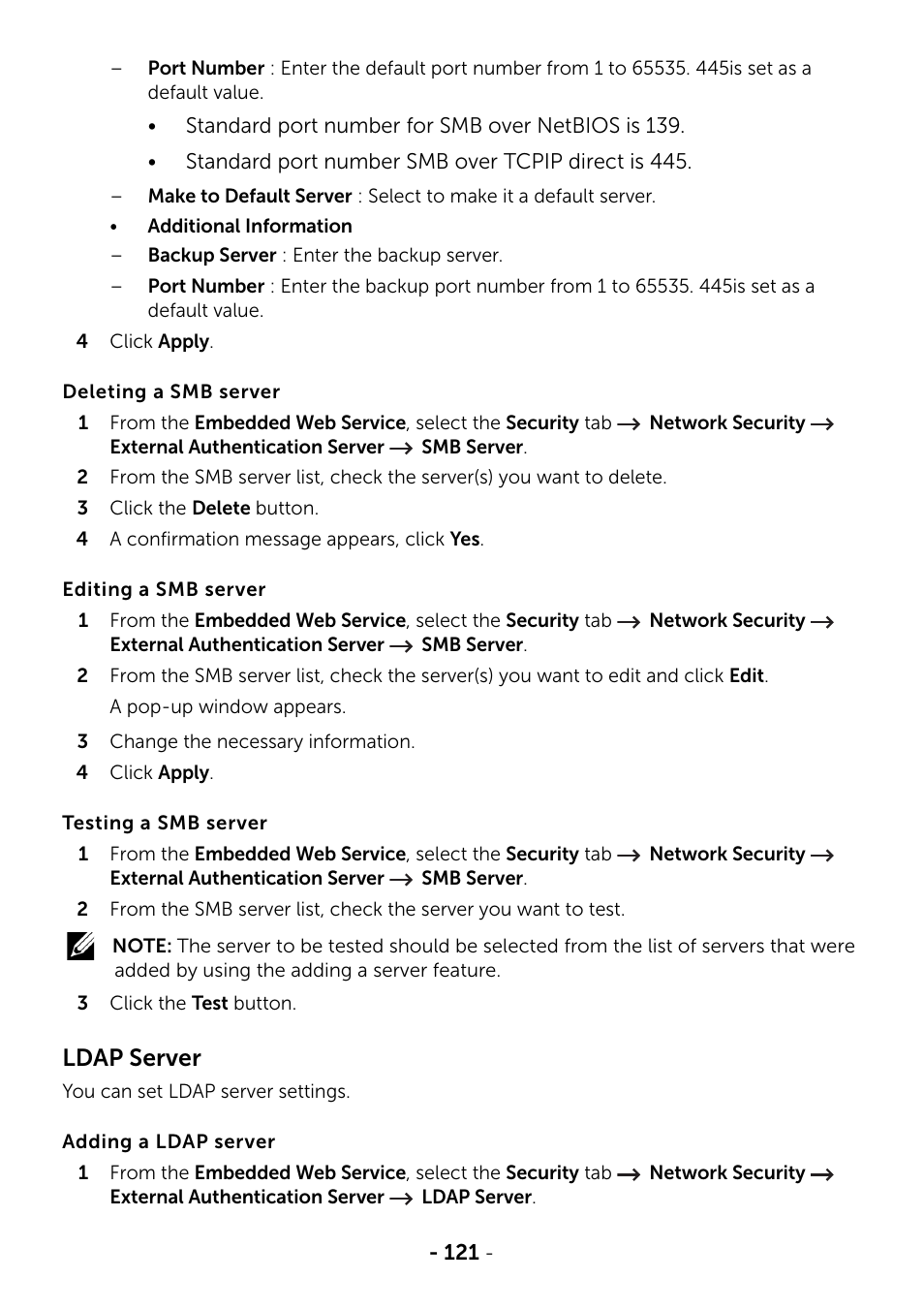 Ldap server | Dell B2375dfw Mono Multifunction Printer User Manual | Page 122 / 359