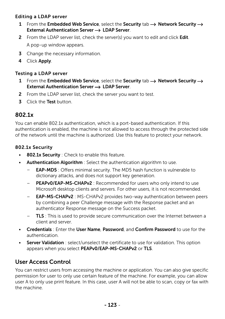 User access control | Dell B2375dfw Mono Multifunction Printer User Manual | Page 124 / 359