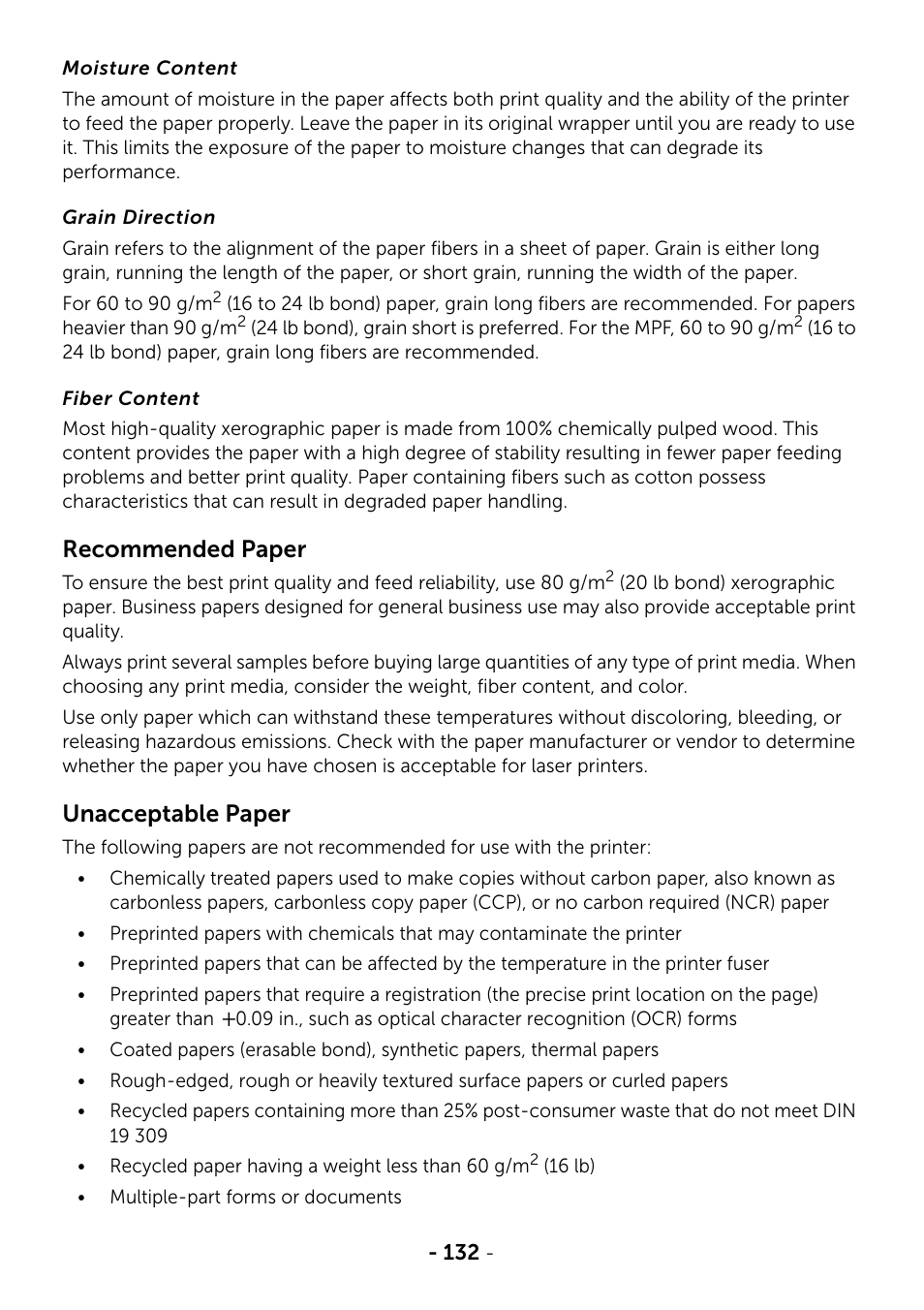 Recommended paper, Unacceptable paper | Dell B2375dfw Mono Multifunction Printer User Manual | Page 133 / 359