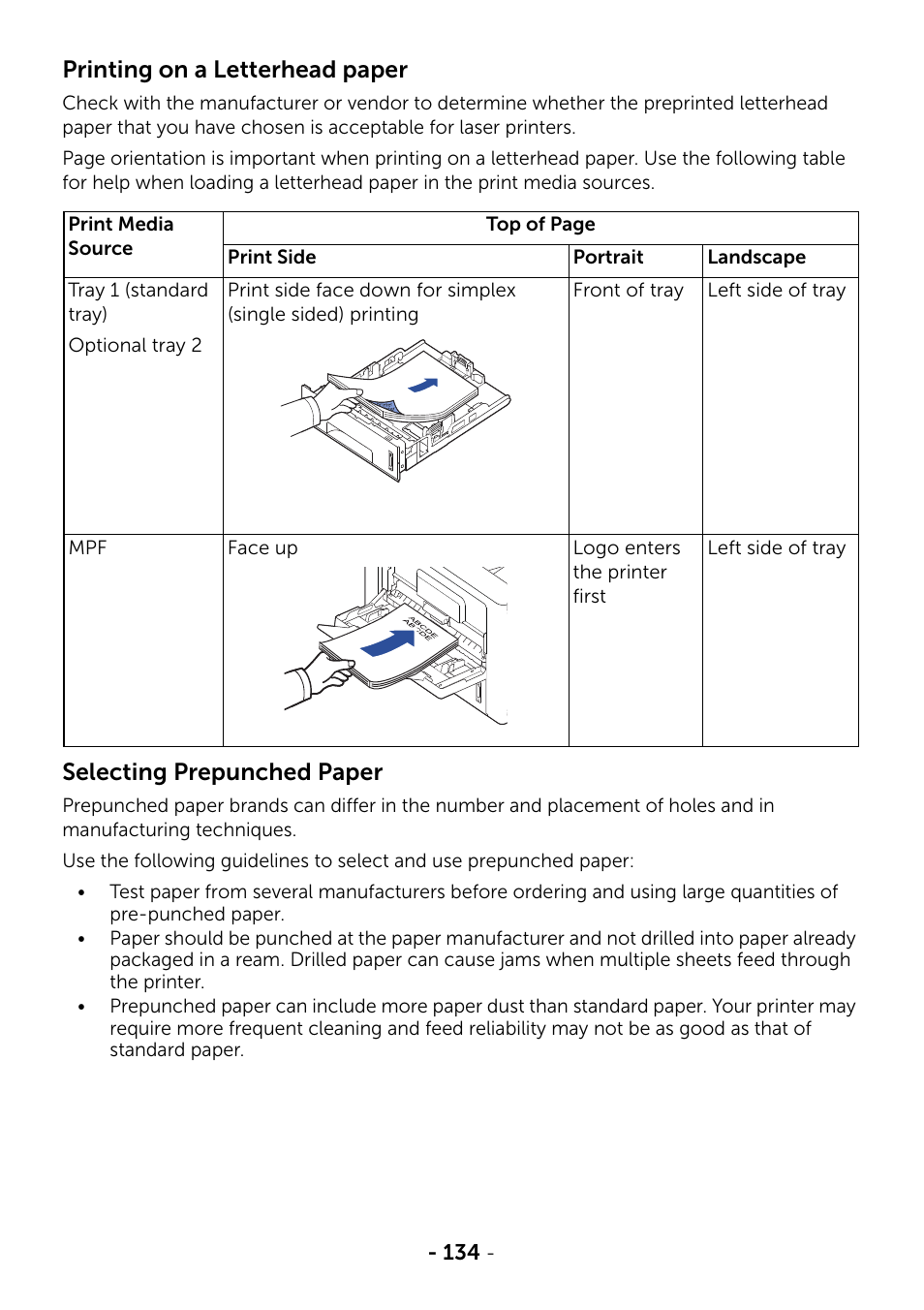 Printing on a letterhead paper, Selecting prepunched paper | Dell B2375dfw Mono Multifunction Printer User Manual | Page 135 / 359
