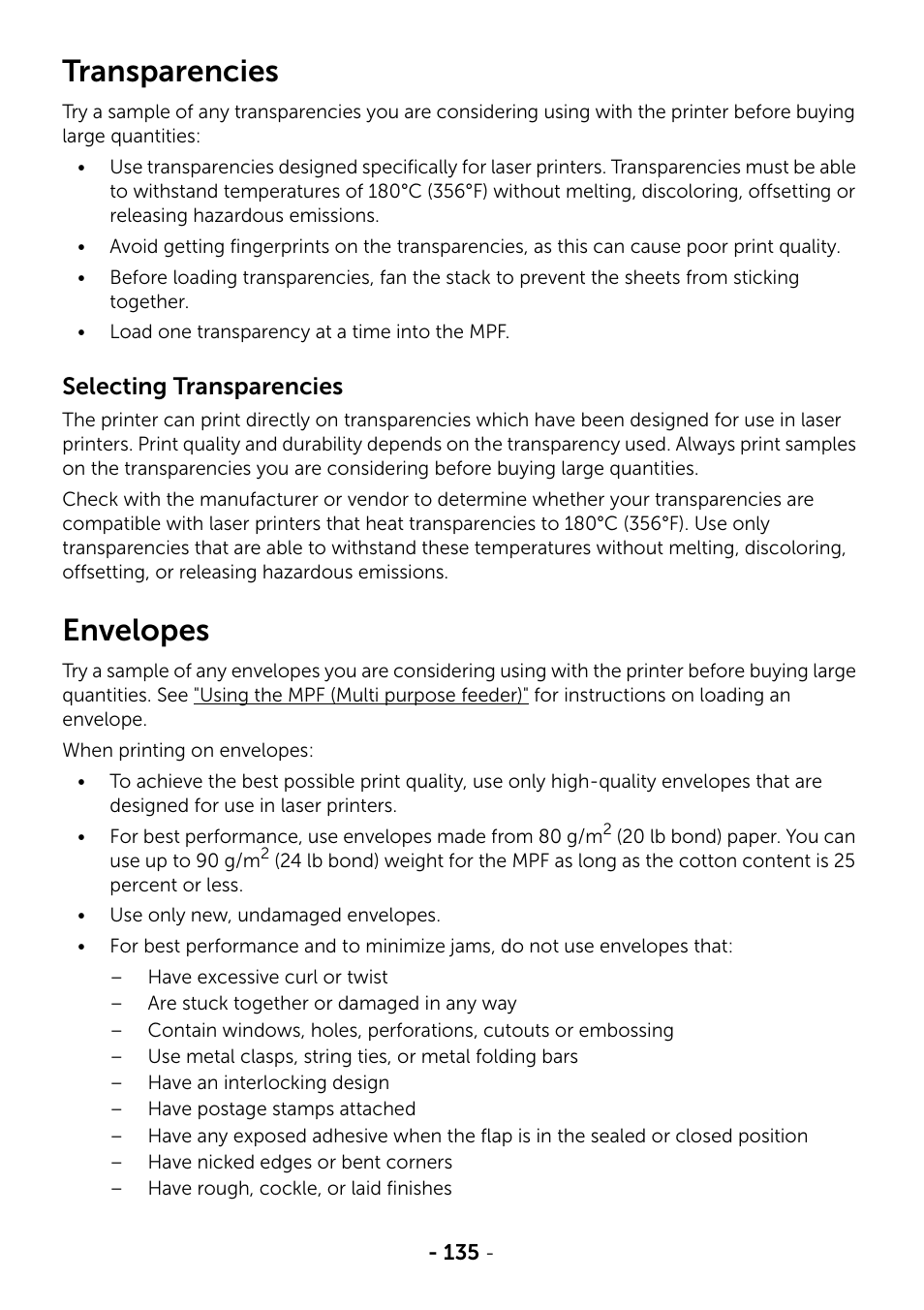 Transparencies, Envelopes | Dell B2375dfw Mono Multifunction Printer User Manual | Page 136 / 359