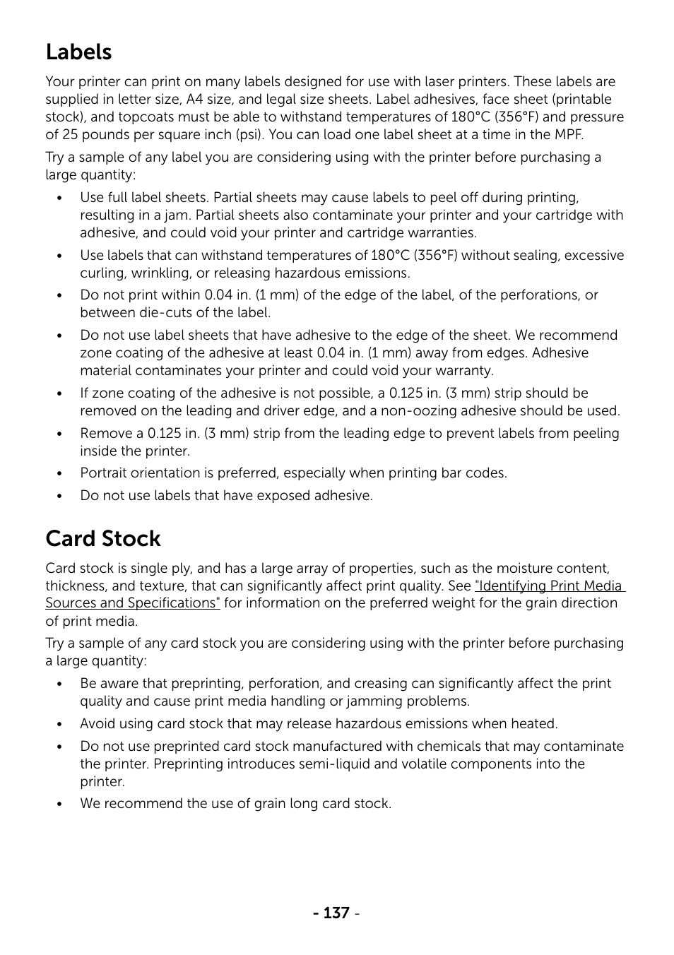 Labels, Card stock | Dell B2375dfw Mono Multifunction Printer User Manual | Page 138 / 359