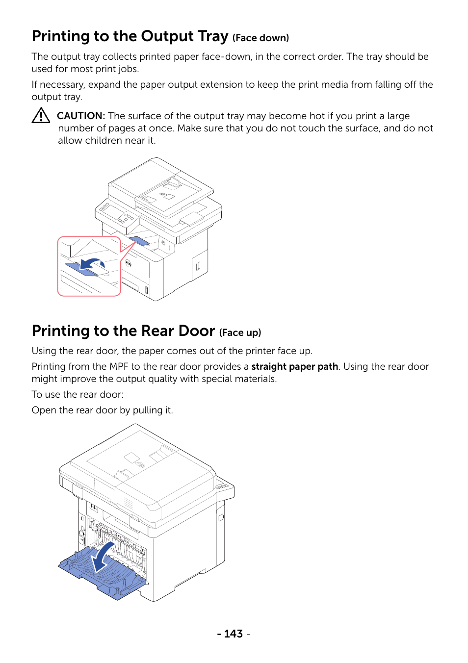 Printing to the output tray (face down), Printing to the rear door (face up), Printing to the output tray | Printing to the rear door | Dell B2375dfw Mono Multifunction Printer User Manual | Page 144 / 359