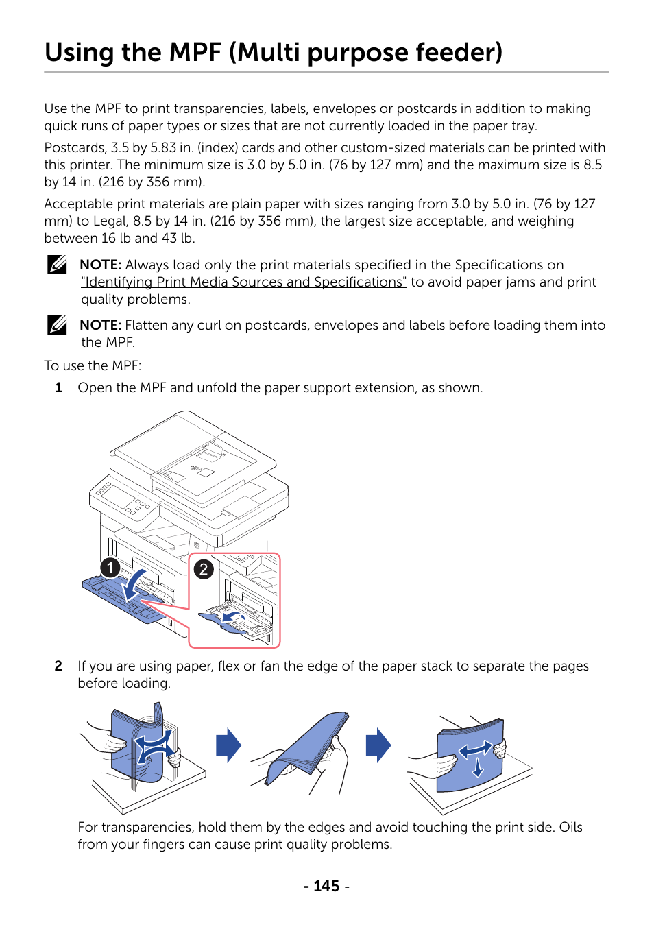 Using the mpf (multi purpose feeder) | Dell B2375dfw Mono Multifunction Printer User Manual | Page 146 / 359