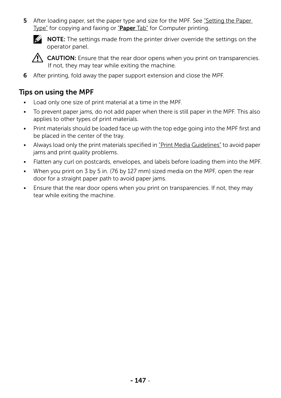 Tips on using the mpf | Dell B2375dfw Mono Multifunction Printer User Manual | Page 148 / 359