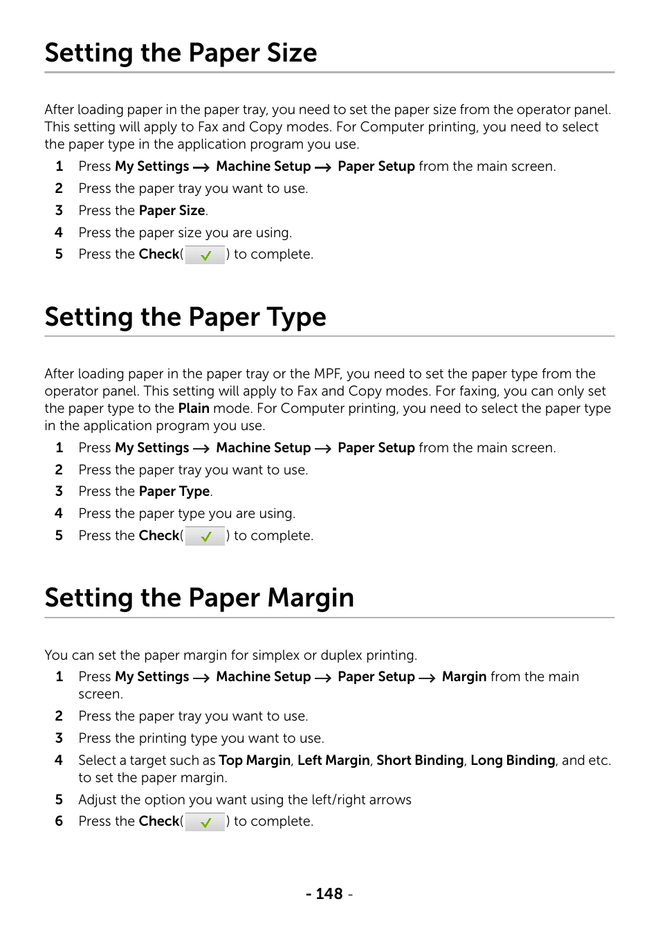Setting the paper size, Setting the paper type, Setting the paper margin | Setting the paper, Type | Dell B2375dfw Mono Multifunction Printer User Manual | Page 149 / 359